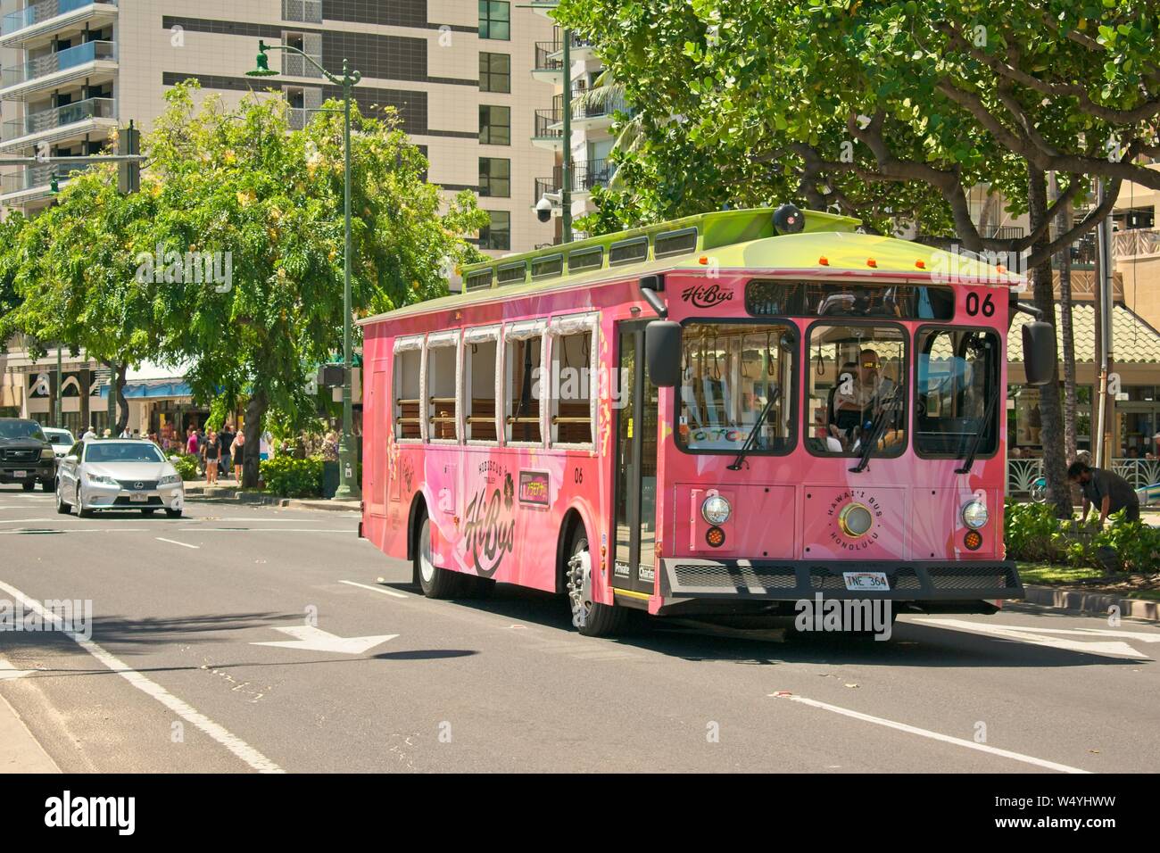 Waikiki Trolley Bus, popular transport for tourists in Waikiki, Hawaii