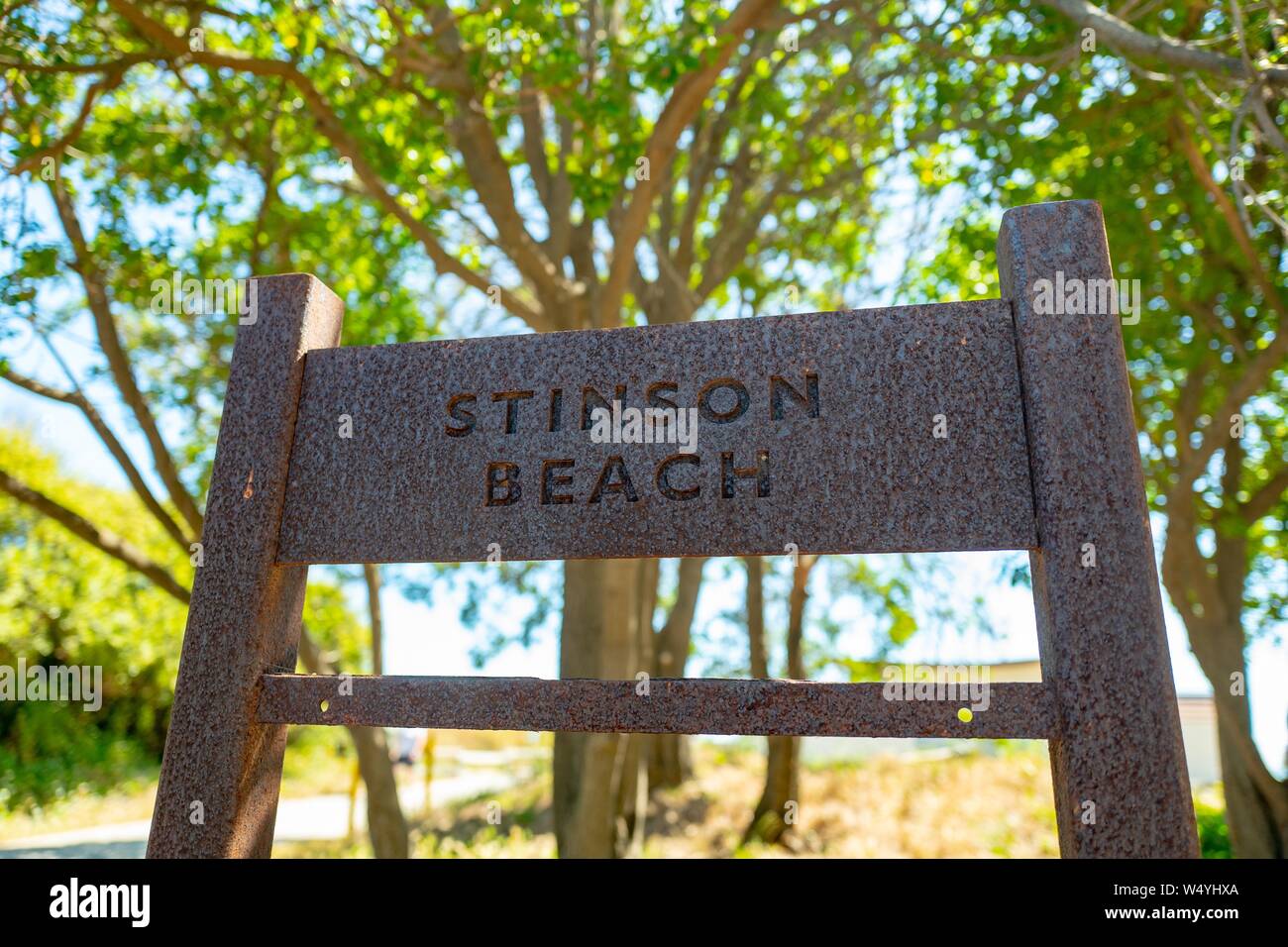 Close-up of sign with text reading Stinson Beach against trees on a ...