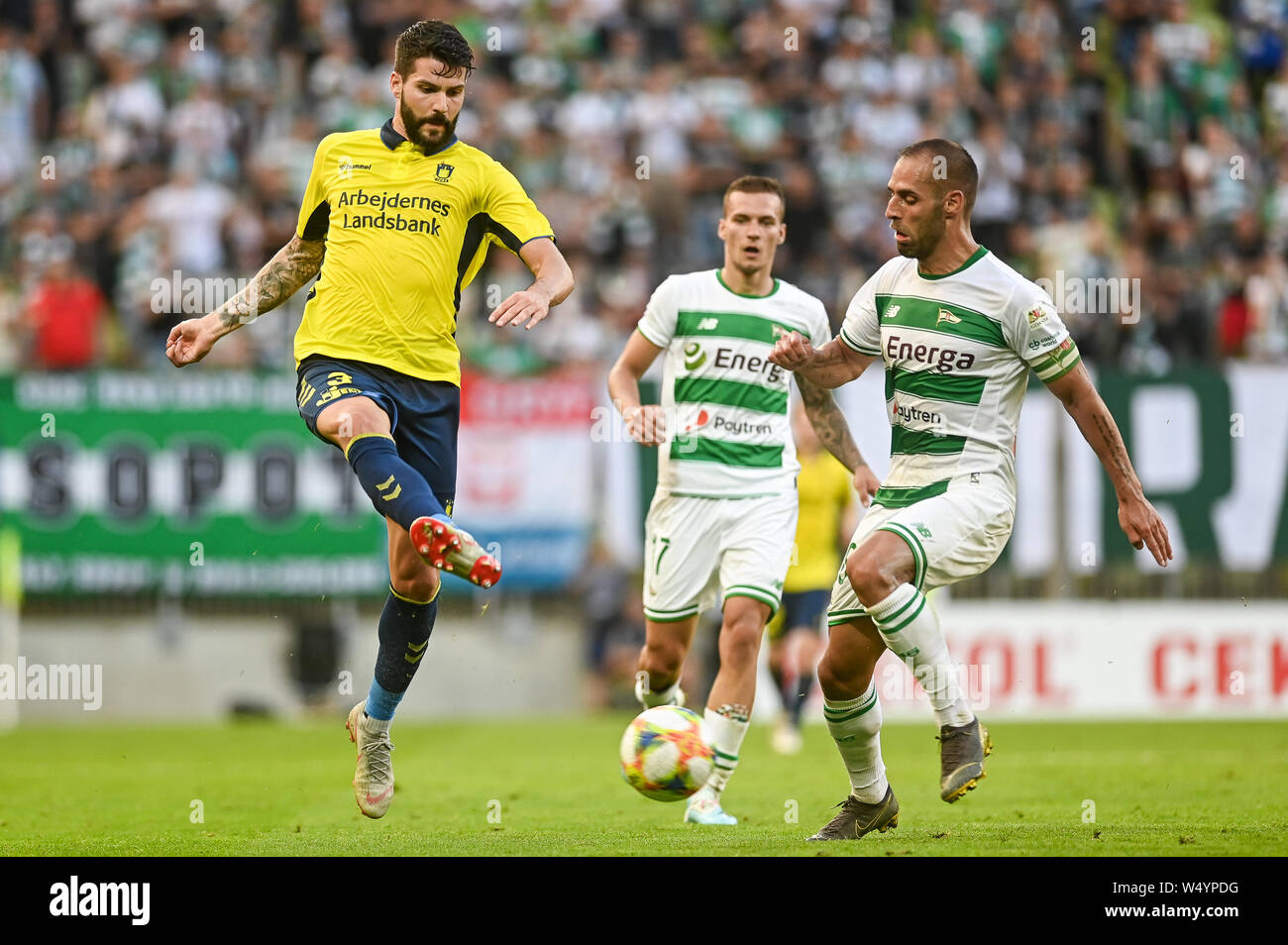 Anthony Jung from Brondby IF (L) and Flavio Paixao from Lechia Gdansk (R)  are seen in action during the UEFA Europa League Qualifiers match between  Lechia Gdansk and Brondby IF at Energa