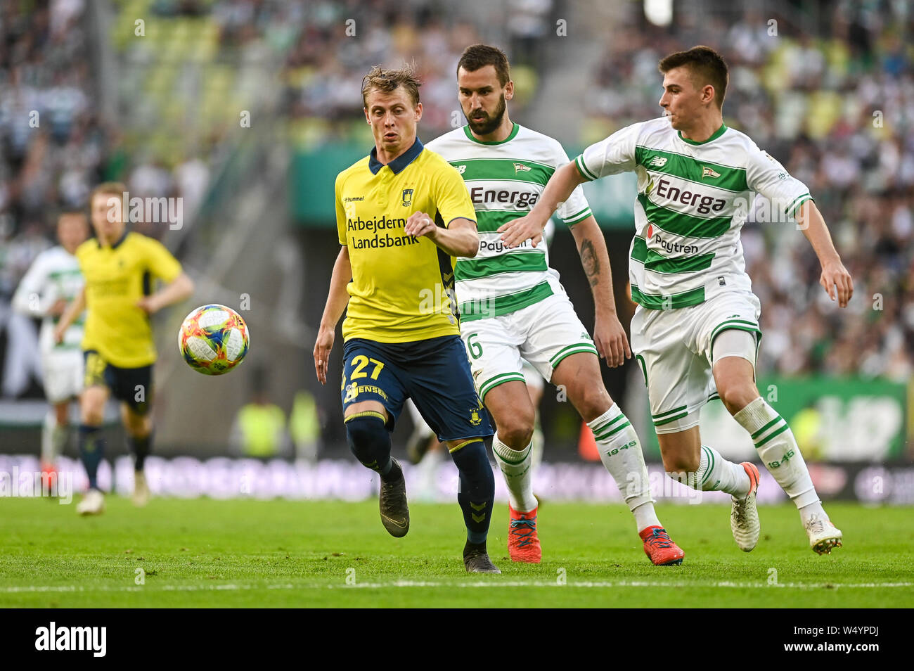 Simon Hedlund from Brondby IF (L), Blazej Augustyn from Lechia Gdansk (C) and Karol Fila from Lechia Gdansk (R) are seen in action during the UEFA Europa League Qualifiers match between Lechia Gdansk and Brondby IF at Energa Stadium.(Final score; Lechia Gdansk 2:1 Brondby IF) Stock Photo