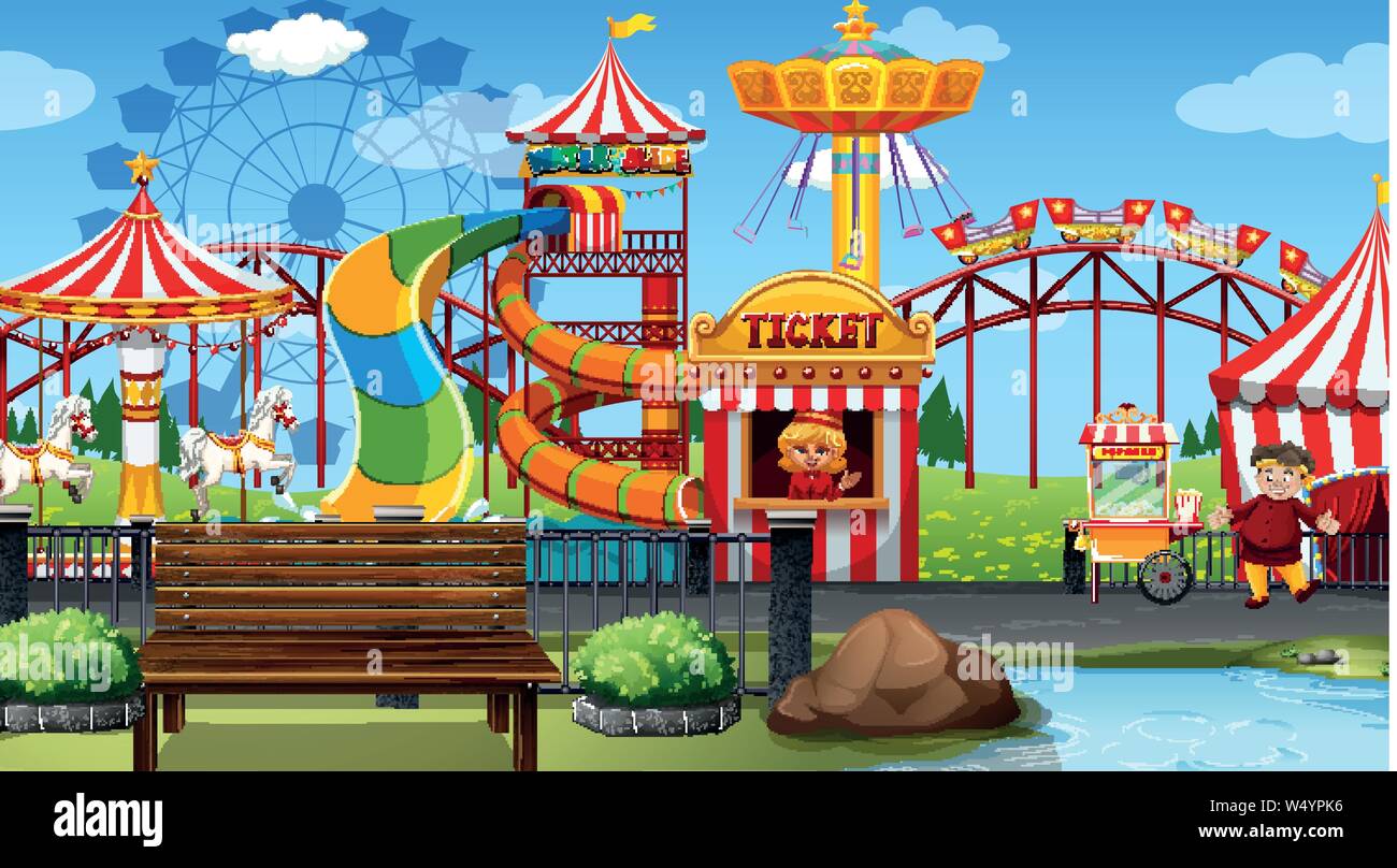 amusement park scene with rides illustration Stock Vector Image & Art ...