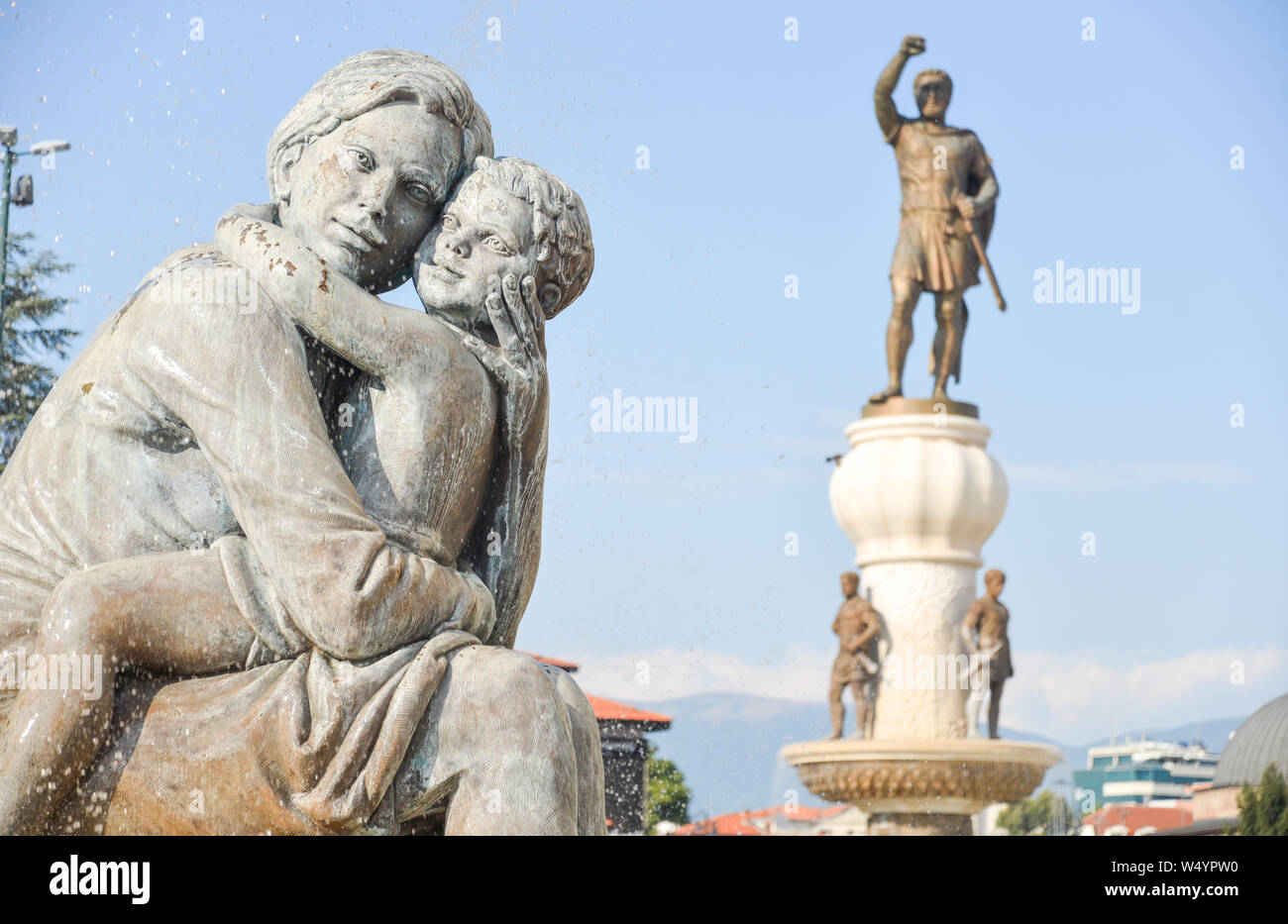 SKOPJE,REPUBLIC OF NORTH MACEDONIA-AUGUST 25 2018:Neo classical statues relating to Alexander the Great stand in many locations in the city center. Stock Photo