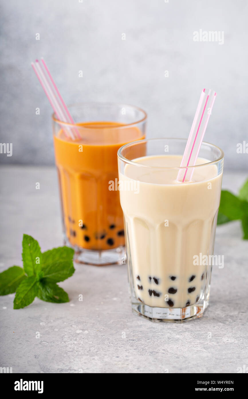 Boba bubble tea in tall glasses with straws Stock Photo Alamy