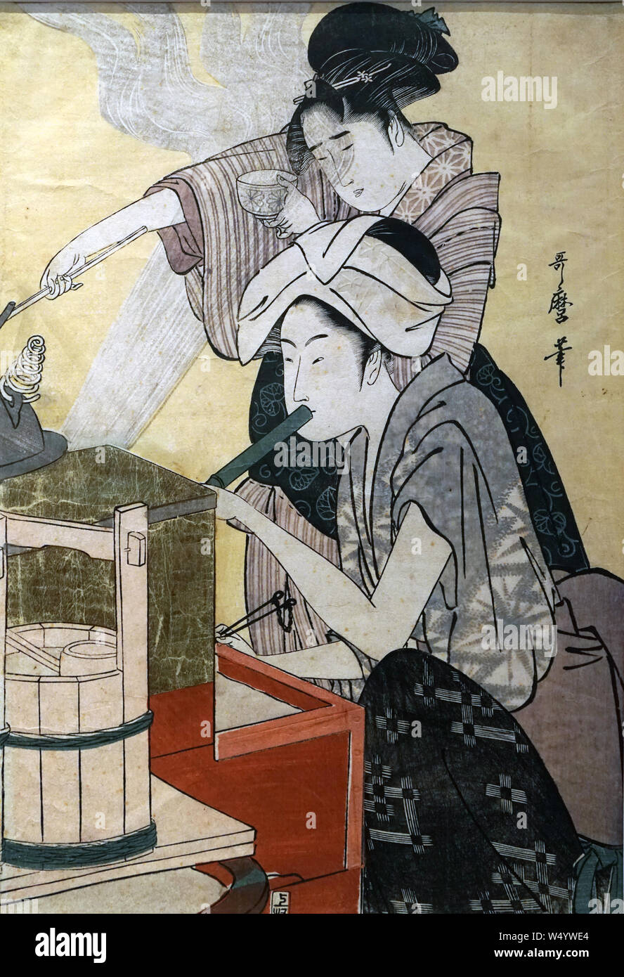 Kitchen Scene (diptych, right), by Kitagawa Utamaro, woodblock print