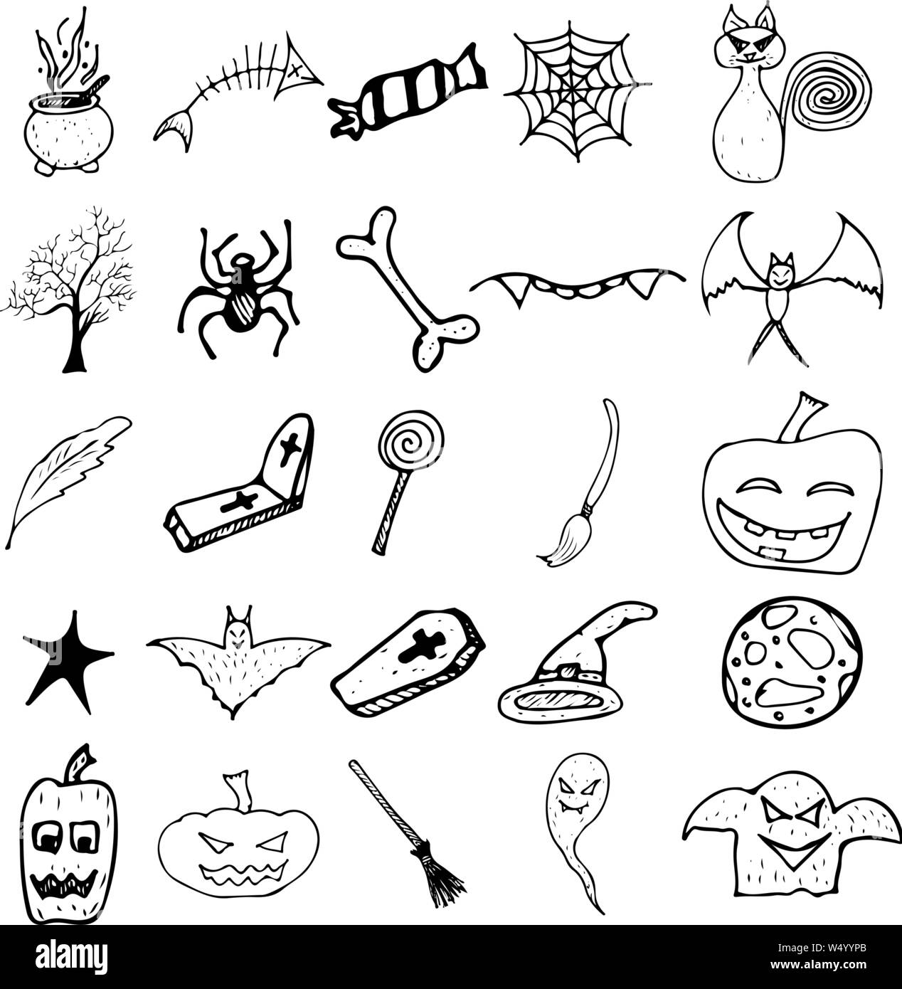 Premium Vector, Set doodle drawing hand drawn halloween black and white