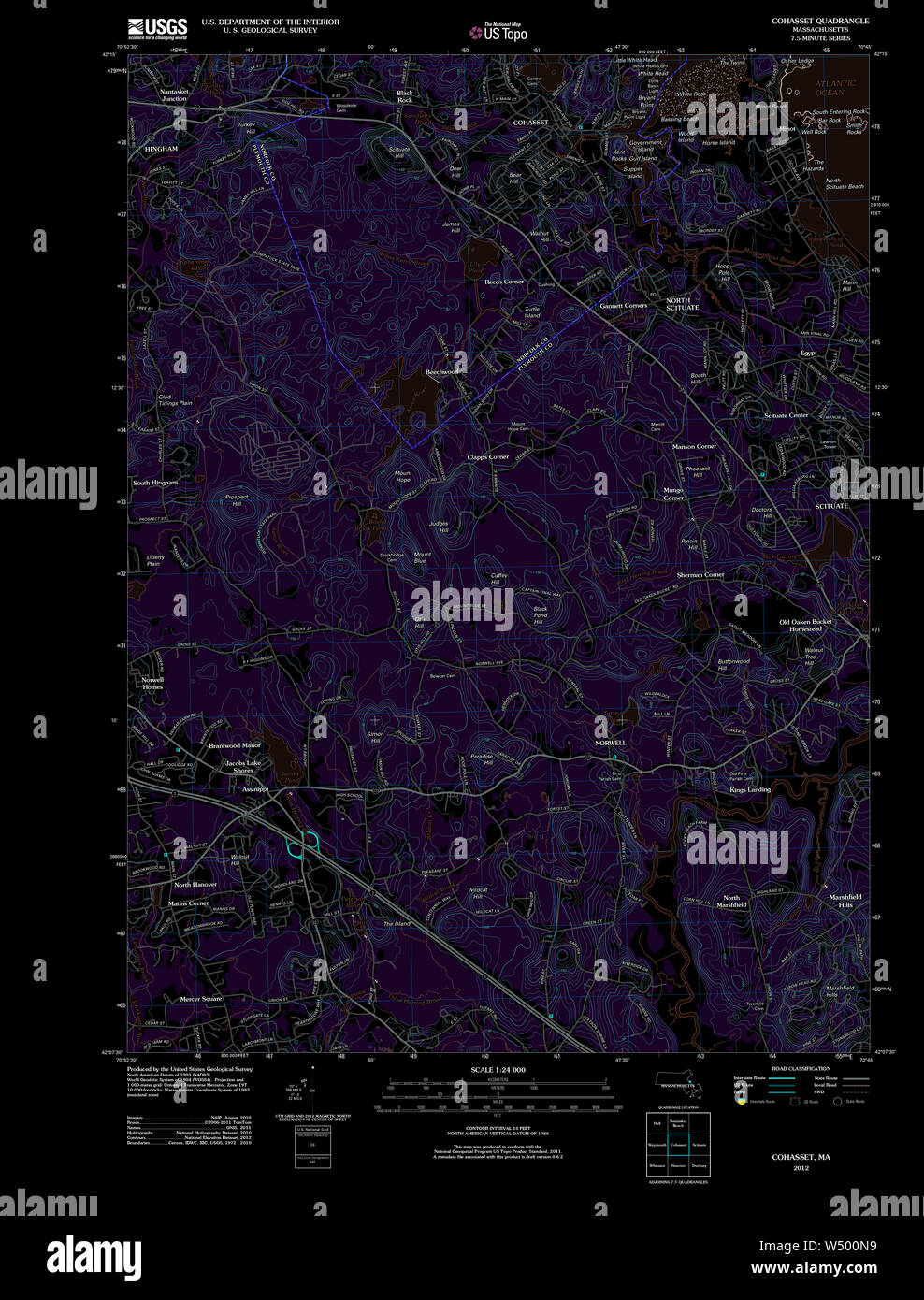 Massachusetts  USGS Historical Topo Map MA Cohasset 20120527 TM Inverted Restoration Stock Photo