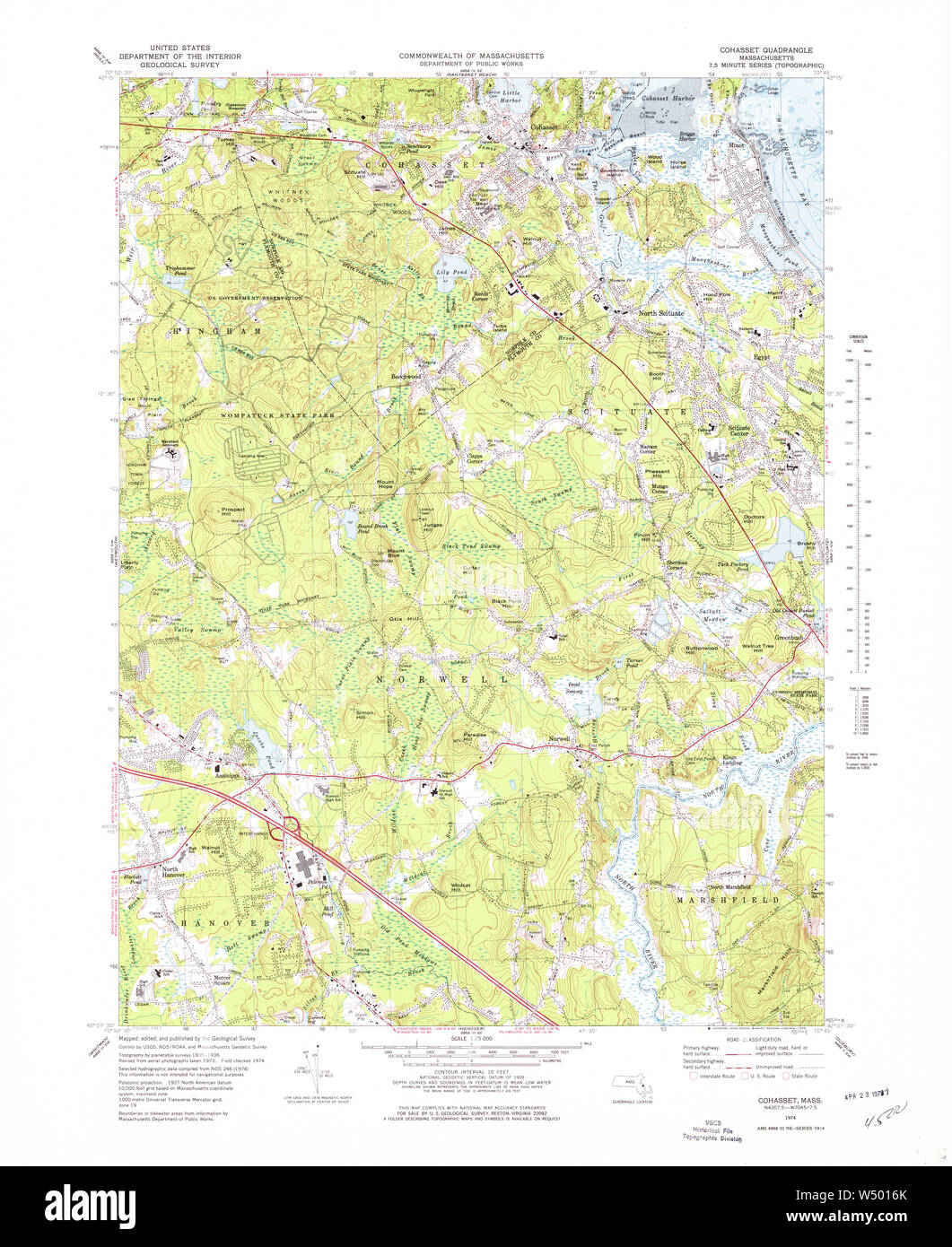 Massachusetts  USGS Historical Topo Map MA Cohasset 350909 1974 25000 Restoration Stock Photo