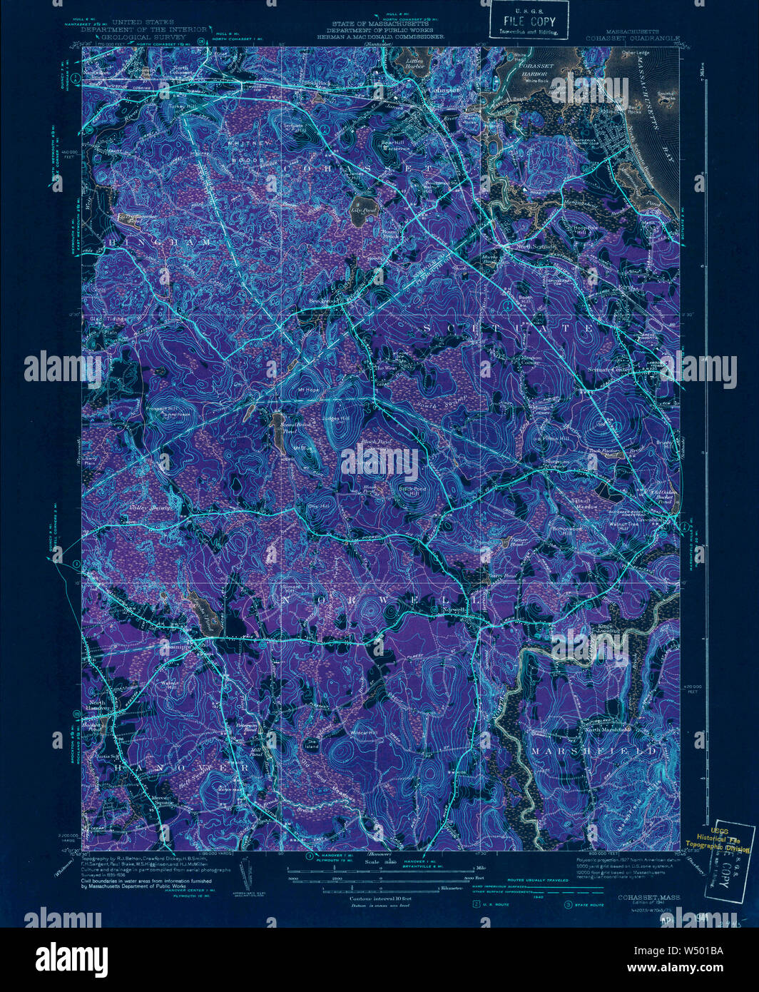 Massachusetts  USGS Historical Topo Map MA Cohasset 351612 1941 31680 Inverted Restoration Stock Photo