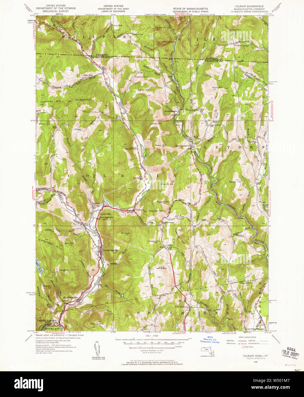 Massachusetts  USGS Historical Topo Map MA Colrain 350074 1945 24000 Restoration Stock Photo