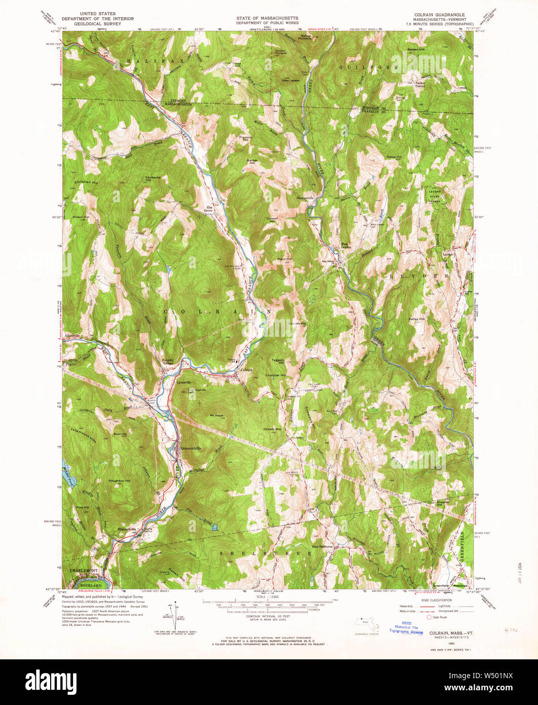 Massachusetts  USGS Historical Topo Map MA Colrain 350076 1961 24000 Restoration Stock Photo