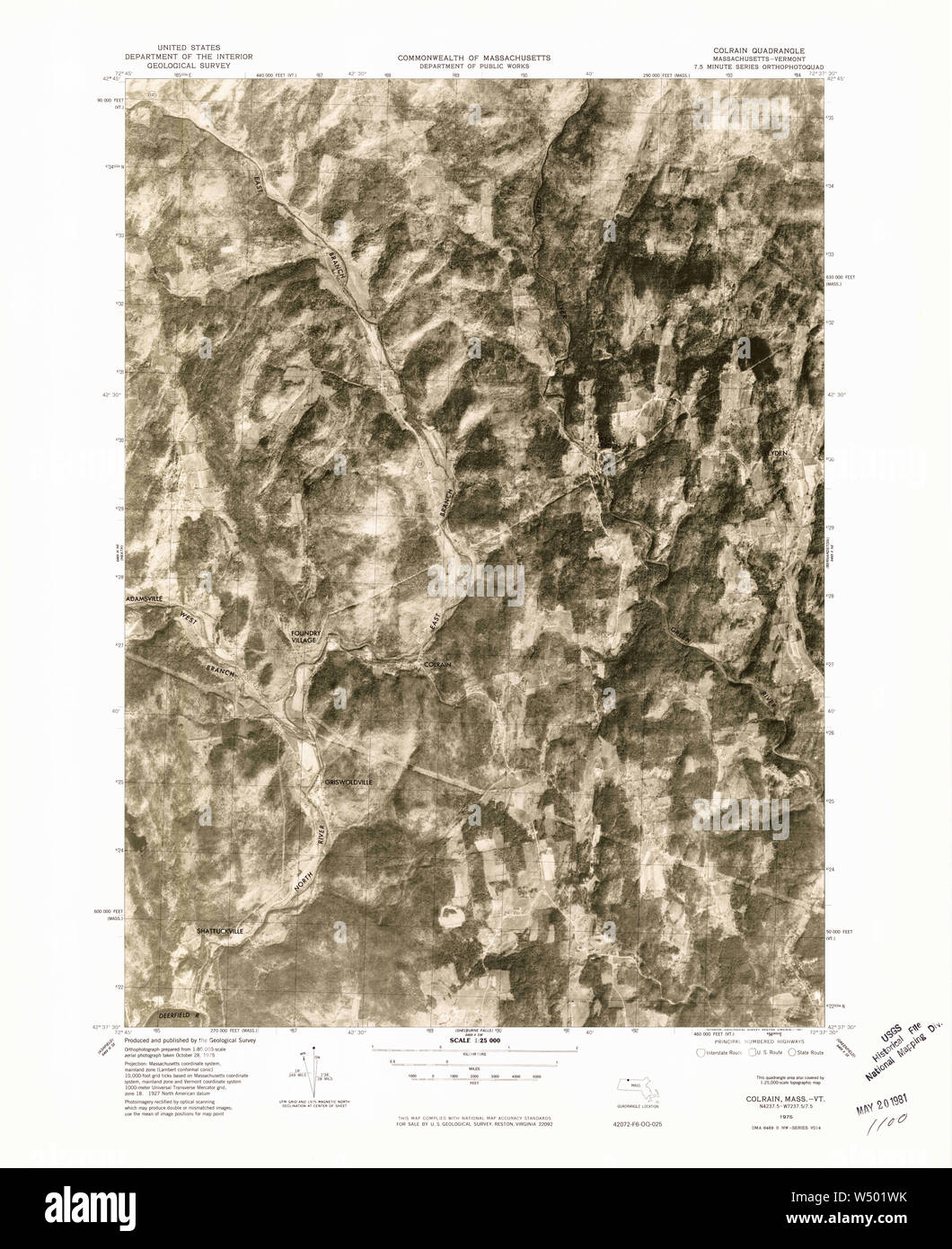 Massachusetts  USGS Historical Topo Map MA Colrain 350078 1975 25000 Restoration Stock Photo