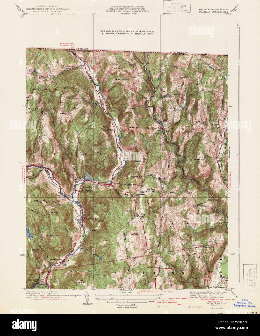 Massachusetts  USGS Historical Topo Map MA Colrain 351616 1941 31680 Restoration Stock Photo