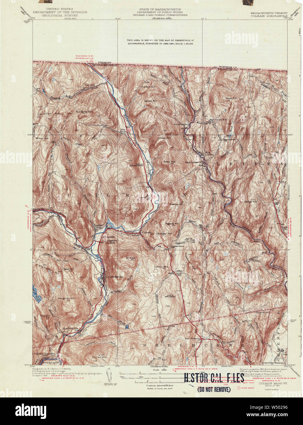 Massachusetts  USGS Historical Topo Map MA Colrain 351617 1941 31680 Restoration Stock Photo