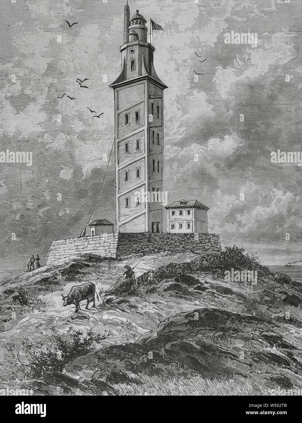 España. Galicia. La Coruña. El Faro, construido sobre la 'Torre de Hércules', torre faro de origen romano, siglo I. Dibujo del natural por Riudavets. Grabado por Tomás Carlos Capuz (1834-1899). La Ilustración Española y Americana, 15 de septiembre de 1883. Stock Photo