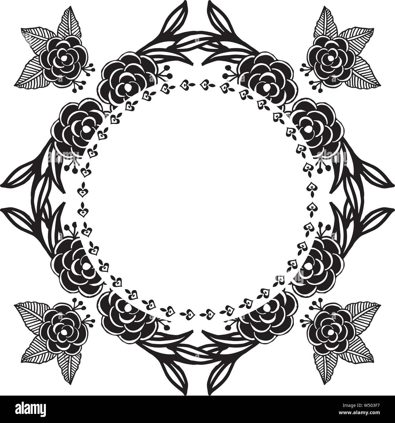 Floral frame black white background, template of card, vintage style