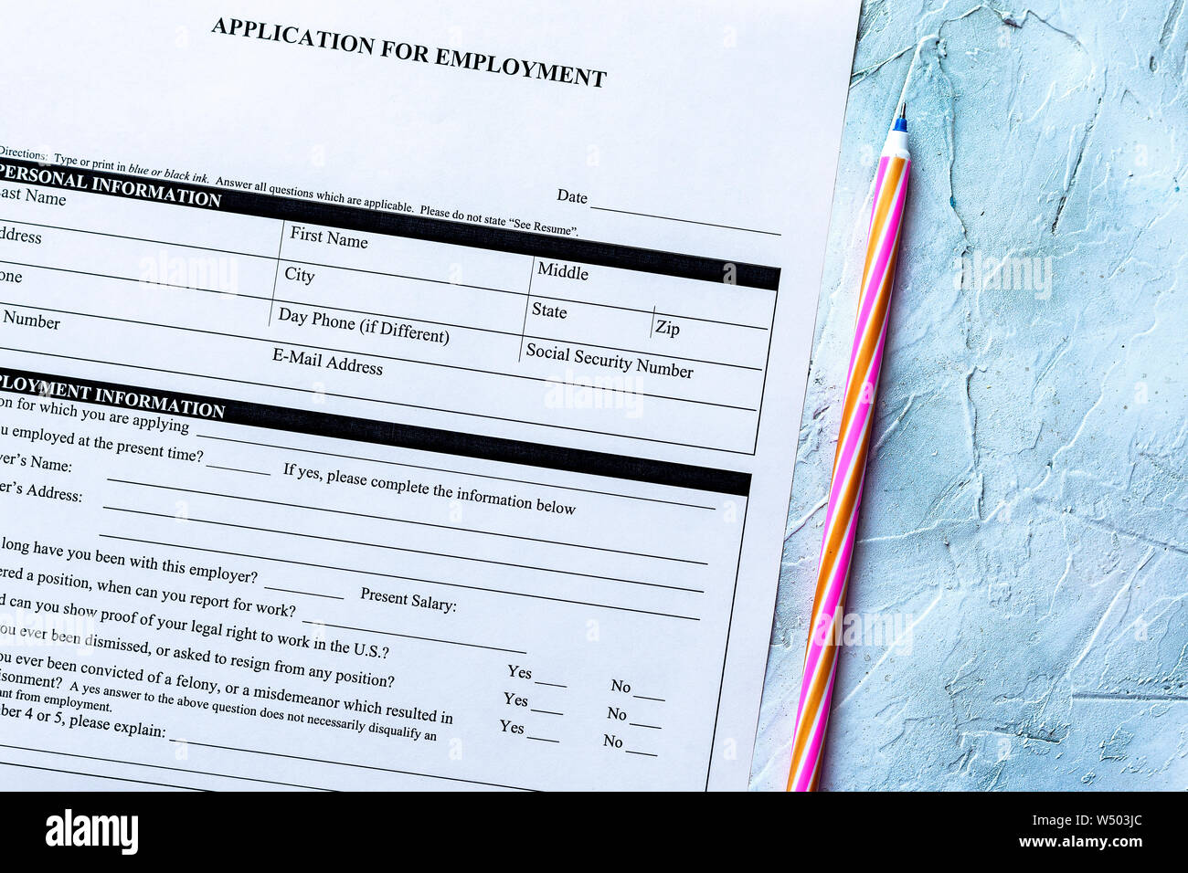 Standard Application for Employment. HR, Hiring, Applying concept. Job  Application form. Top view. Multicolored paper clips and pen Stock Photo -  Alamy