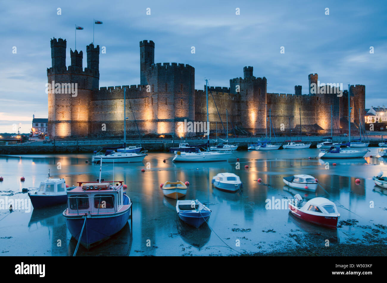 Evening view of Caernarfon Castle  in North Wales Stock Photo