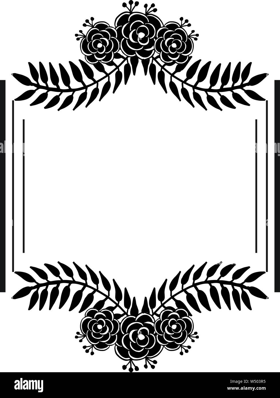 Floral frame black white background, template of card, vintage style