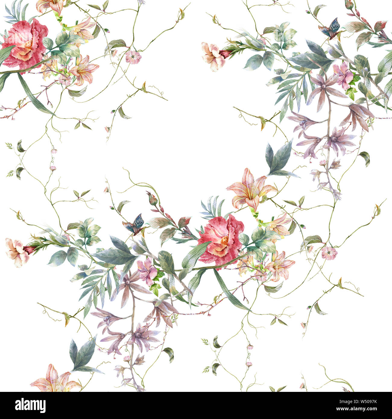 Watercolor painting of leaf and flowers, seamless pattern on white