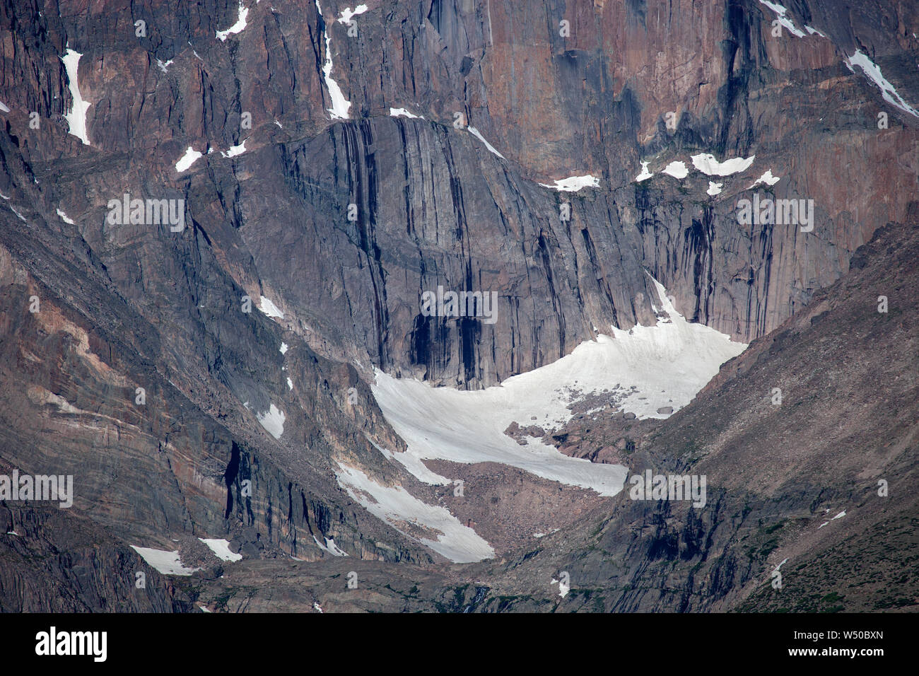 Glacial headwall of Proterozoic granite, Longs Peak, Rocky Mountain National Park, Colorado, USA Stock Photo