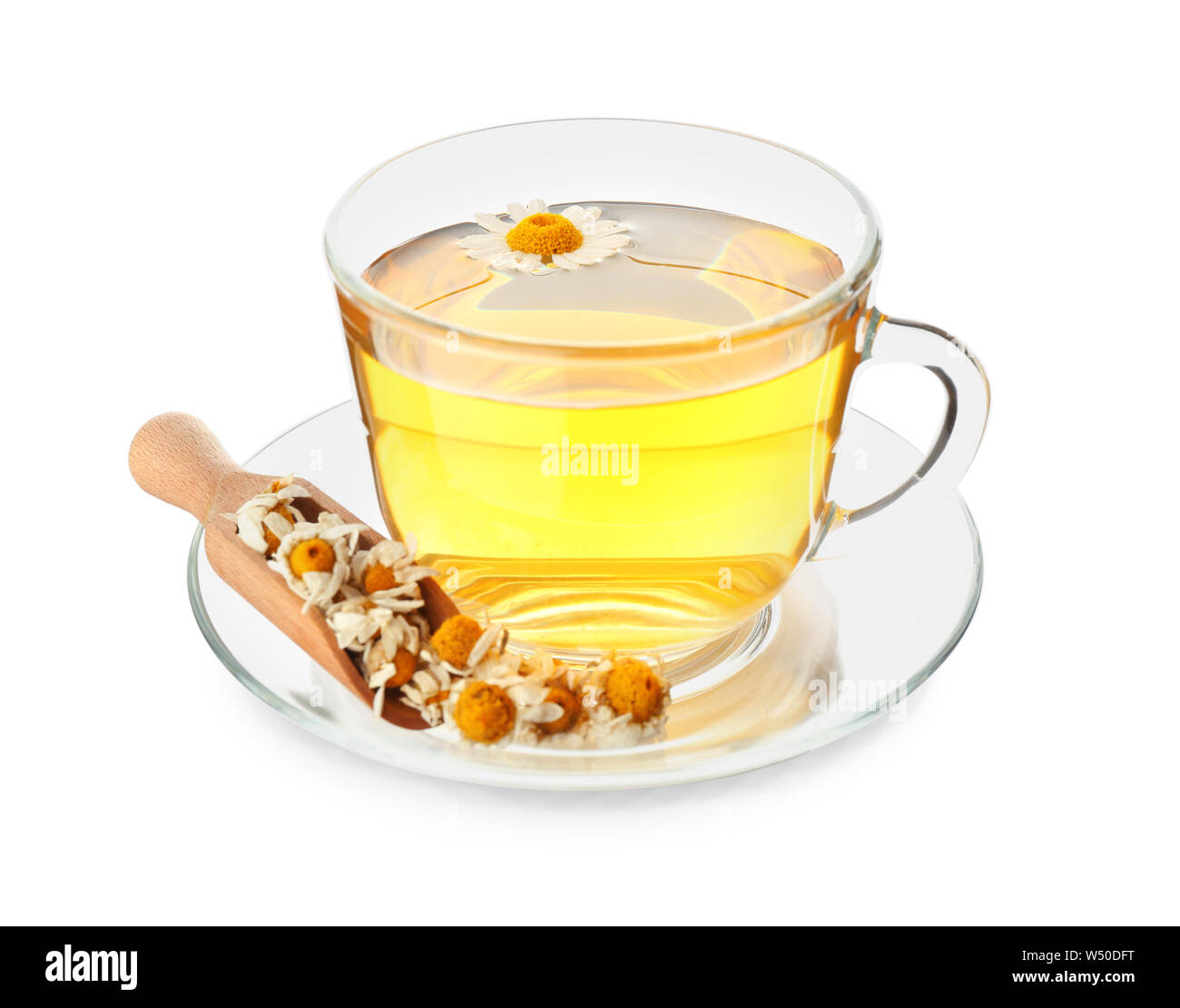 Cup of hot chamomile tea on white background Stock Photo - Alamy