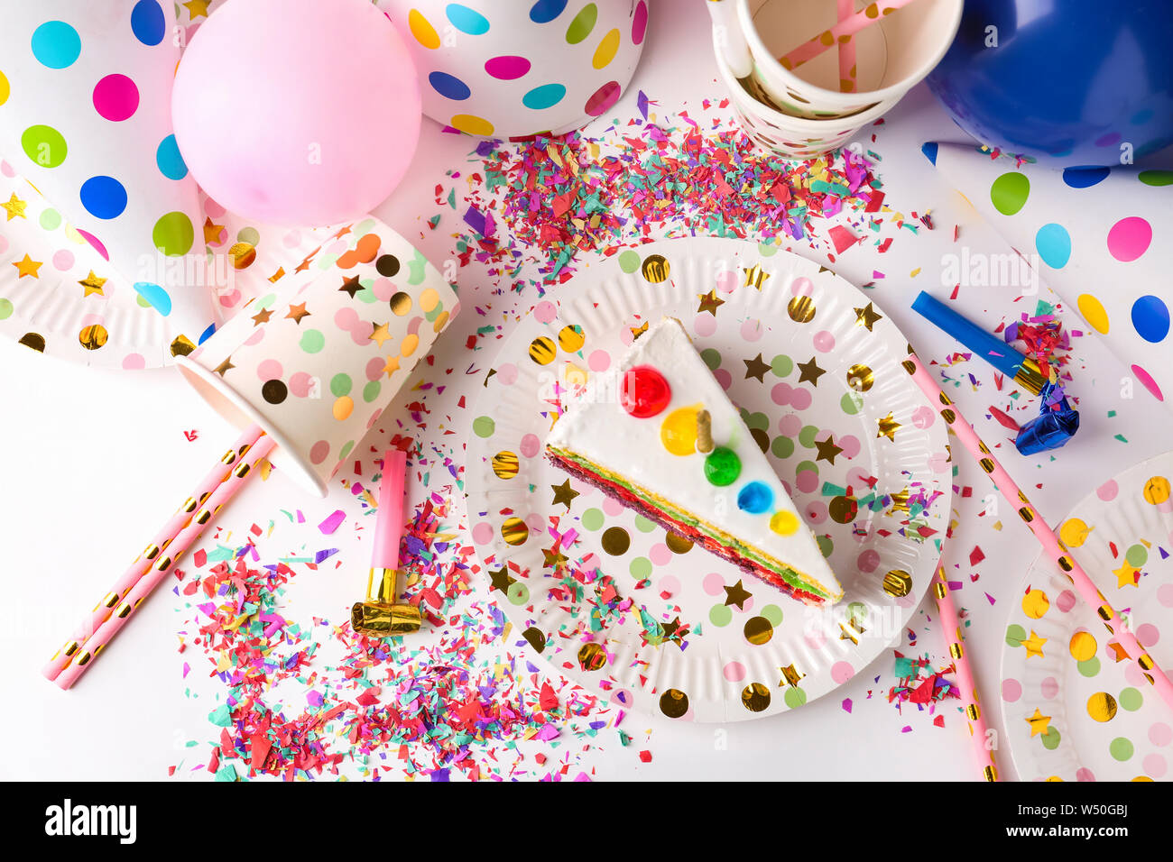Party Decor With Birthday Cake On White Background Stock Photo Alamy