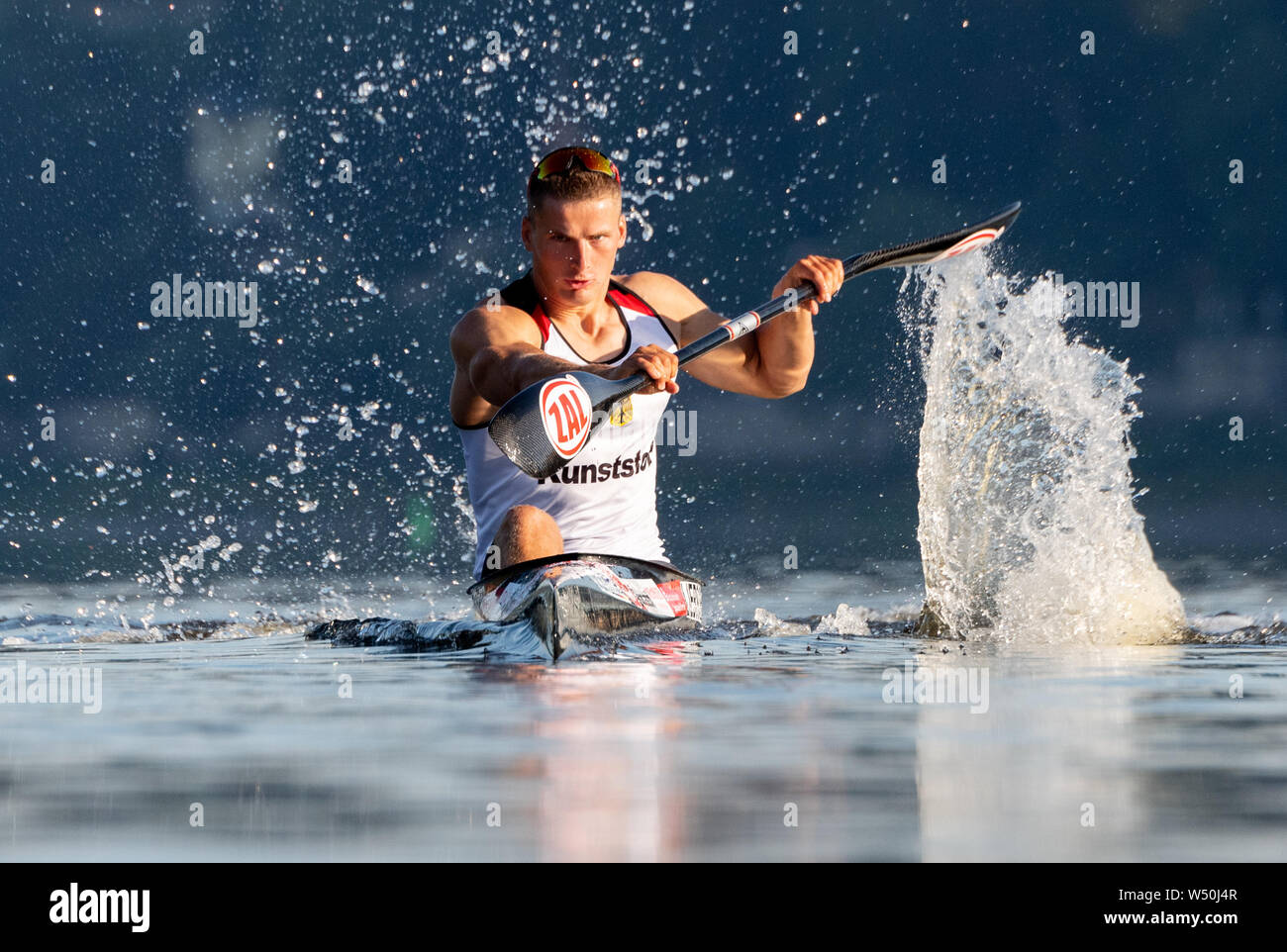 Dresden, Germany. 25th July, 2019. Tom Liebscher, Olympic Canoe Champion,  is training for the World Championships on the Elbe. The ICF Canoe Sprint  World Championship will take place from 21 to 25