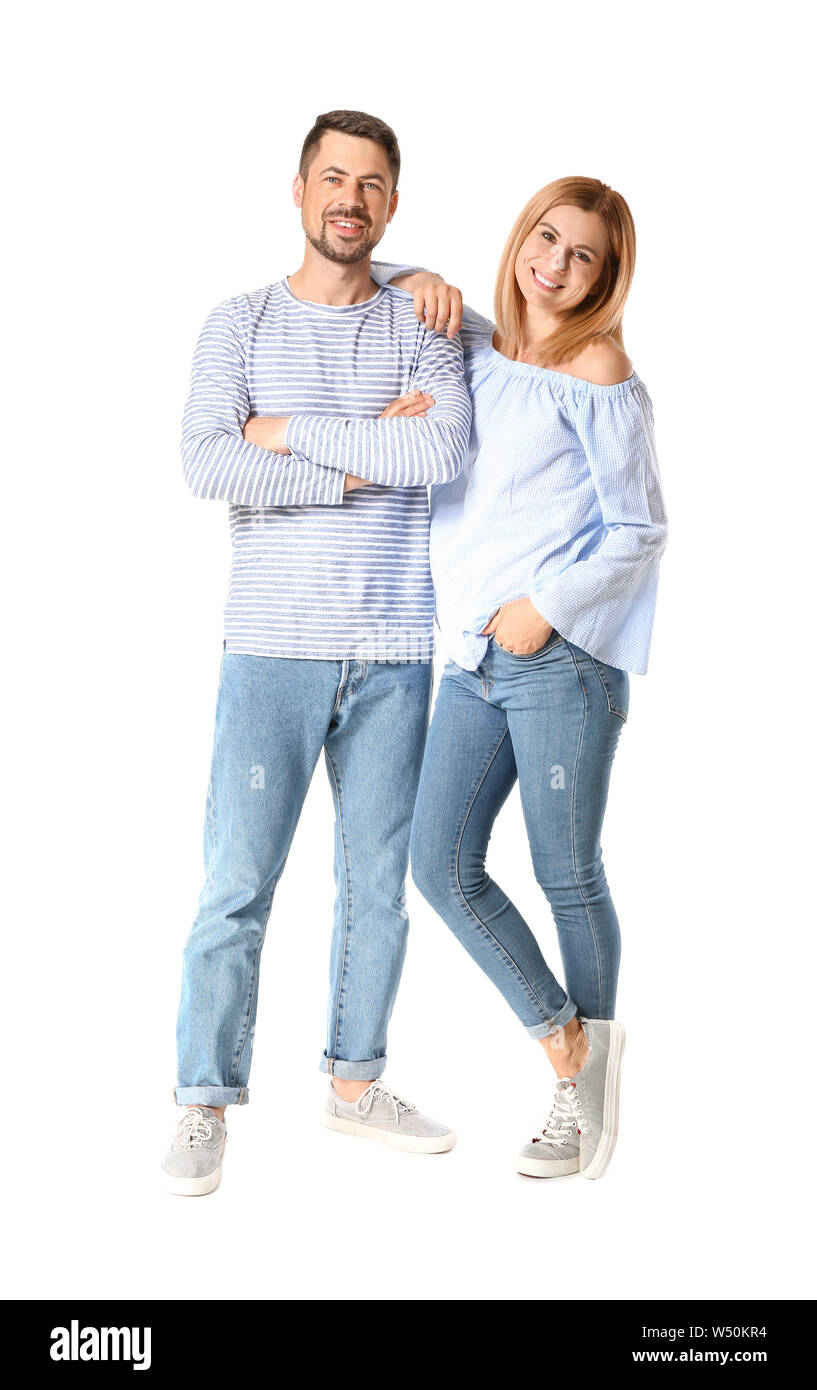 Portrait of happy couple in love on white background Stock Photo - Alamy