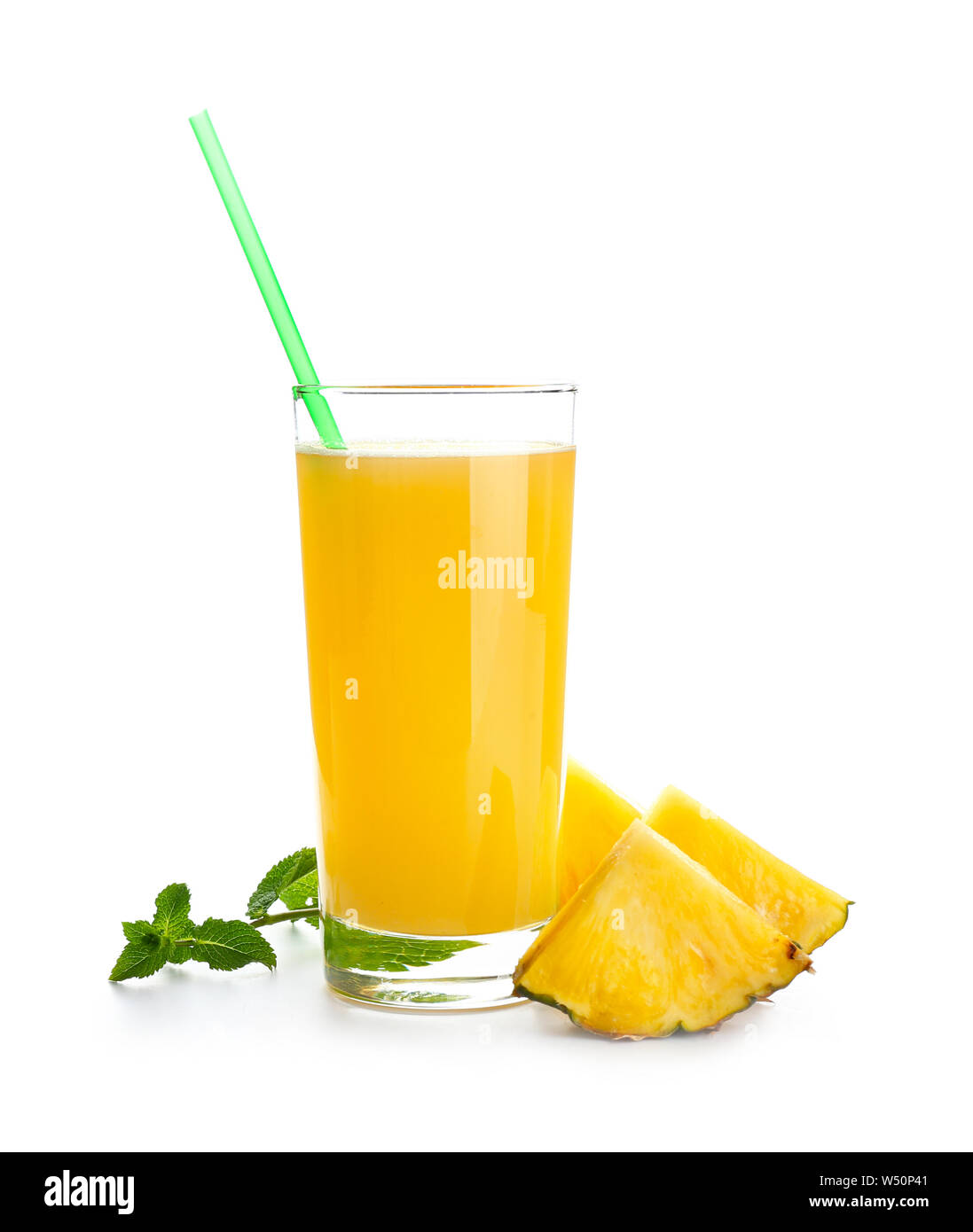 Glass of tasty pineapple juice on white background Stock Photo Alamy