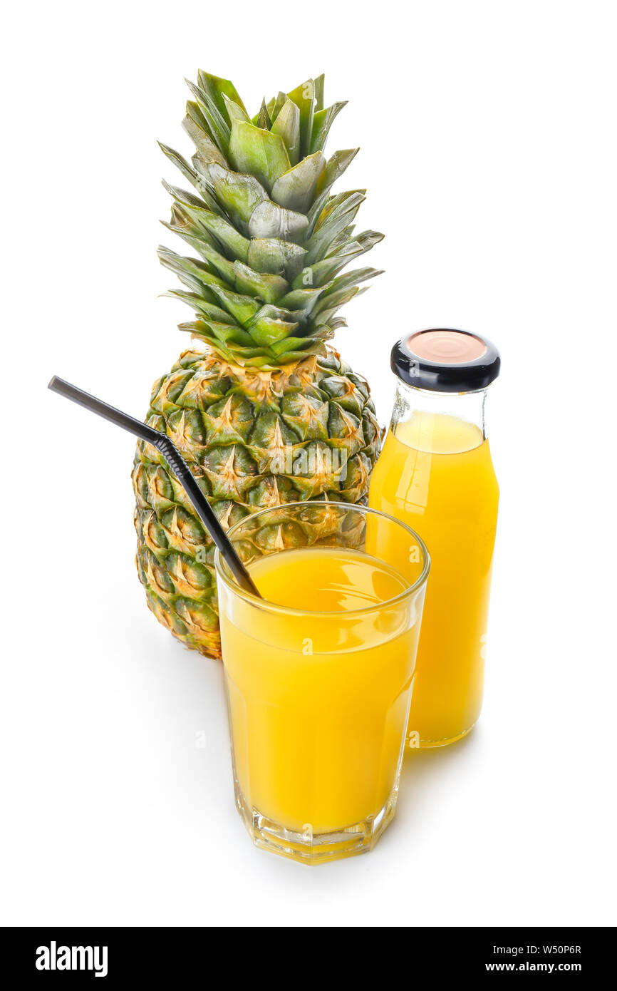 Glass And Bottle Of Tasty Pineapple Juice On White Background Stock Photo Alamy