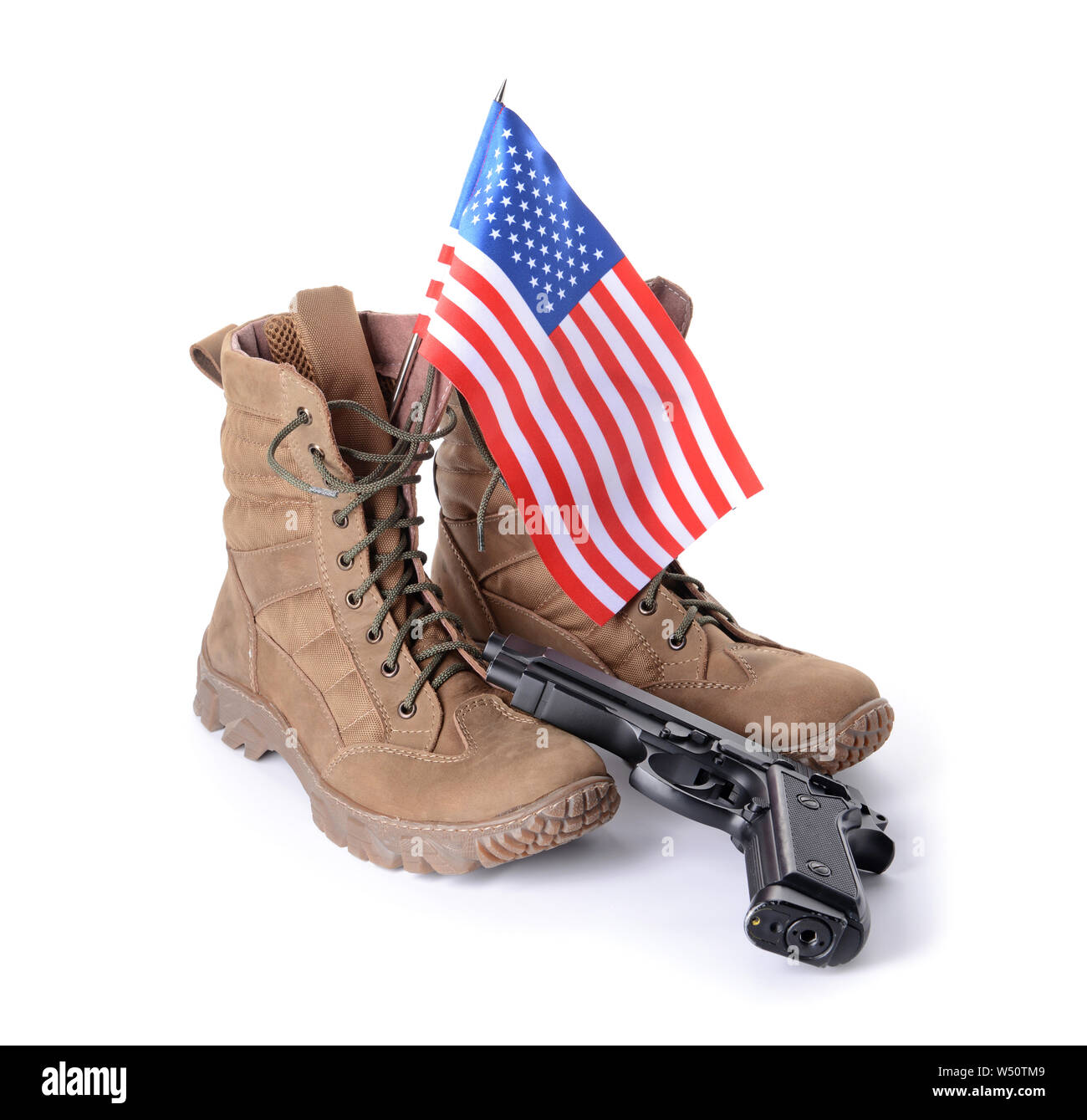Military boots, gun and USA flag on white background Stock Photo Alamy