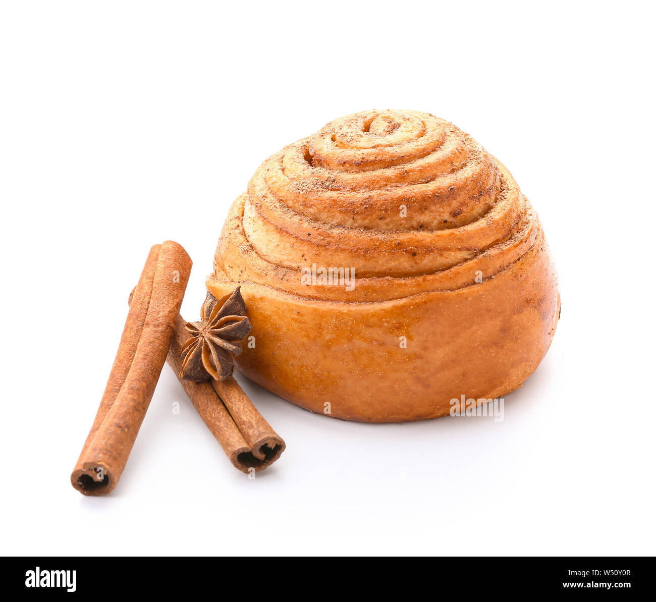 Tasty cinnamon bun on white background Stock Photo - Alamy