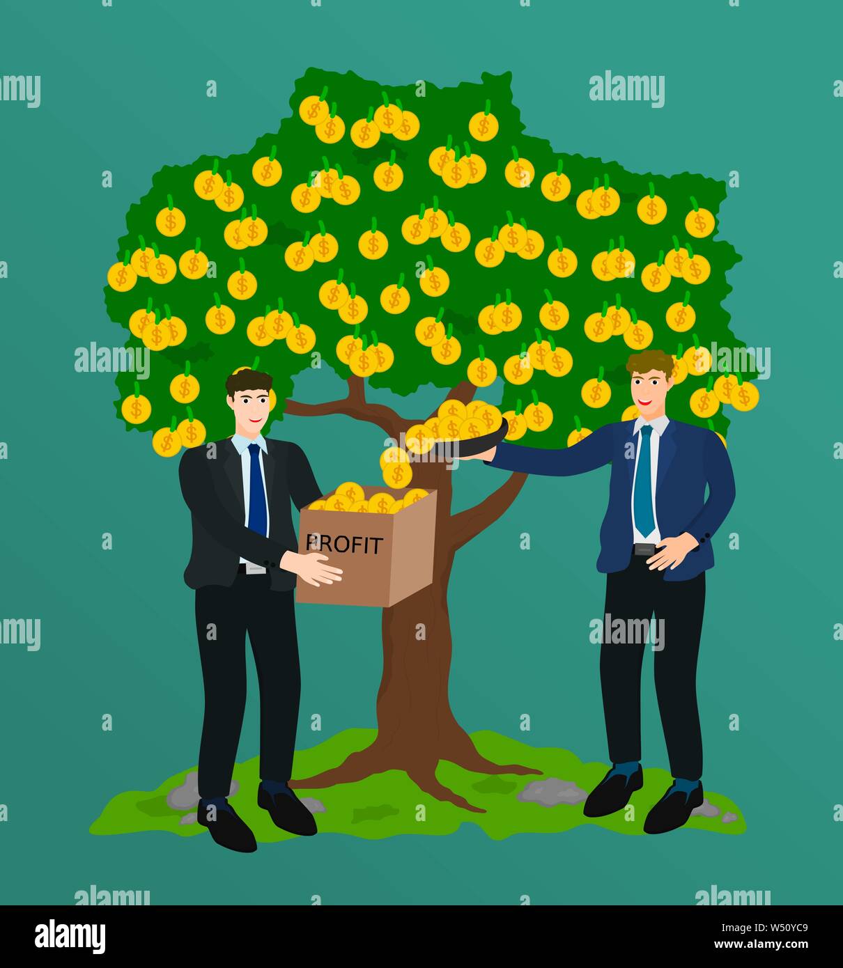 Two businessman collect coin from big money tree , teamwork concept Stock Vector