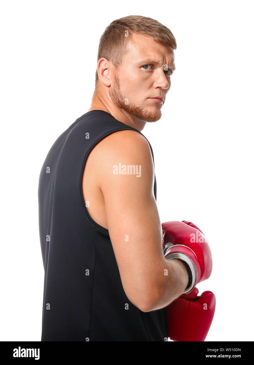 Strong male boxer on white background Stock Photo Alamy