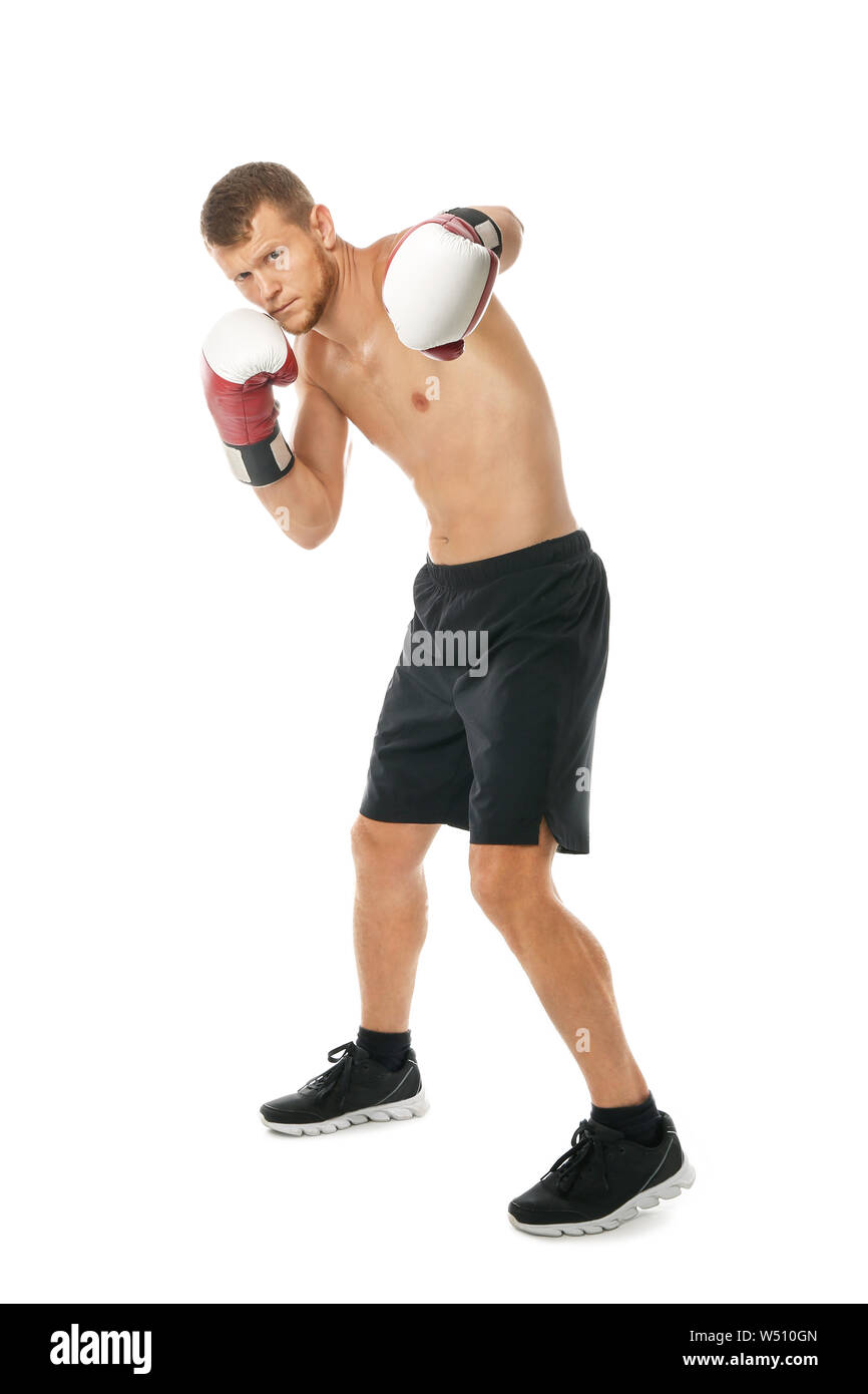 Strong male boxer on white background Stock Photo Alamy