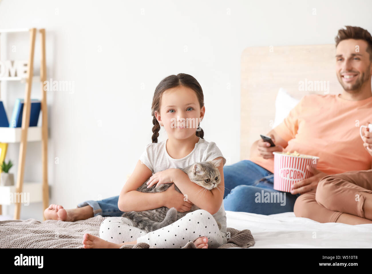 Little girl with cute cat sitting on bed at home Stock Photo - Alamy