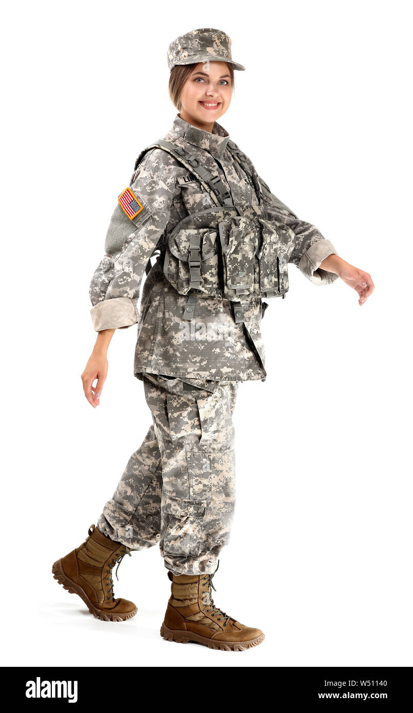 Young female soldier on white background Stock Photo - Alamy