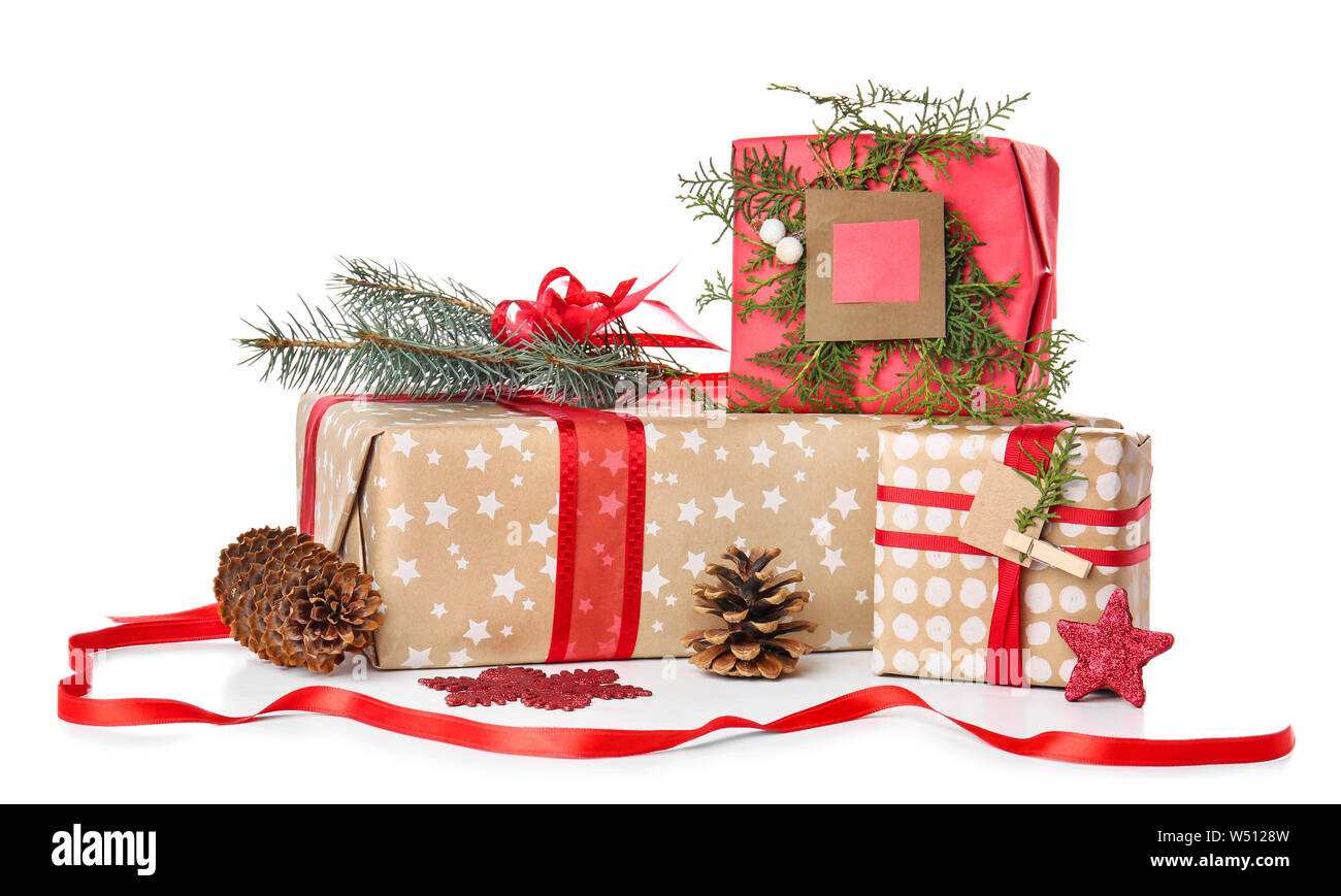 Beautiful Christmas gift boxes on white background Stock Photo - Alamy