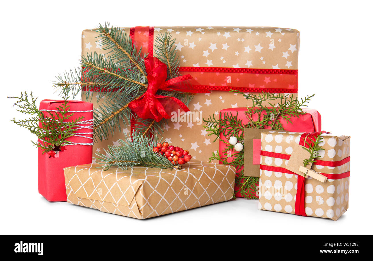 Beautiful Christmas gift boxes on white background Stock Photo - Alamy