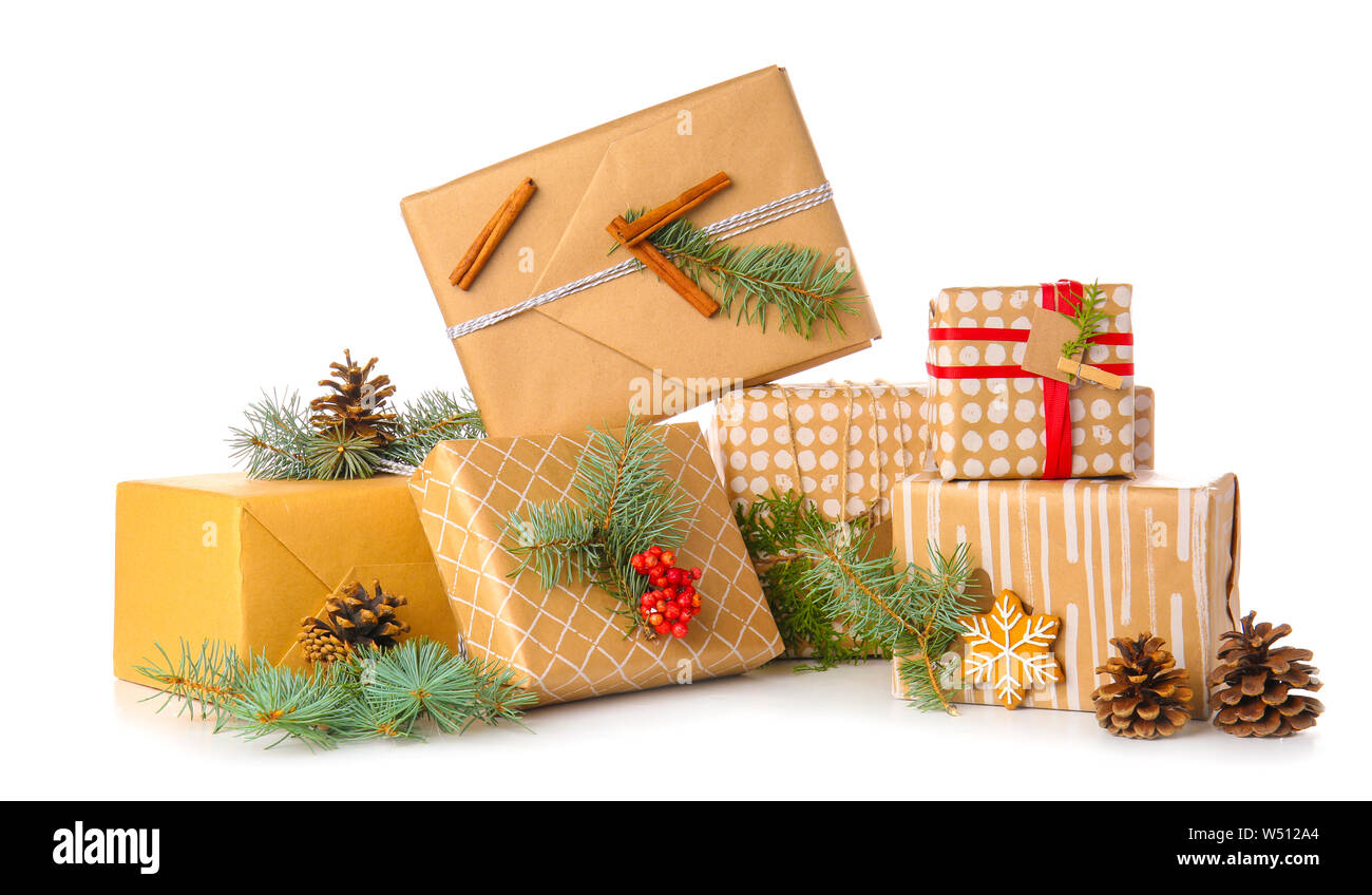 Beautiful Christmas gift boxes on white background Stock Photo - Alamy