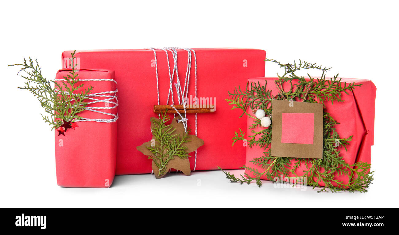 Beautiful Christmas gift boxes on white background Stock Photo - Alamy