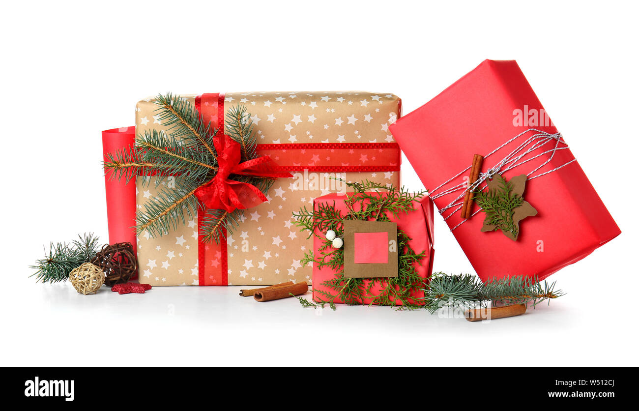 Beautiful Christmas gift boxes on white background Stock Photo - Alamy