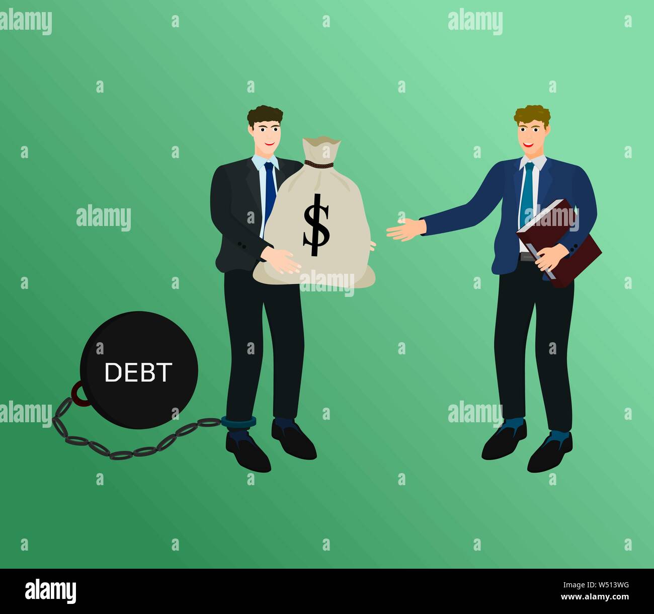 Businessman pay debt for creditors with big money bag , vector cartoon Stock Vector