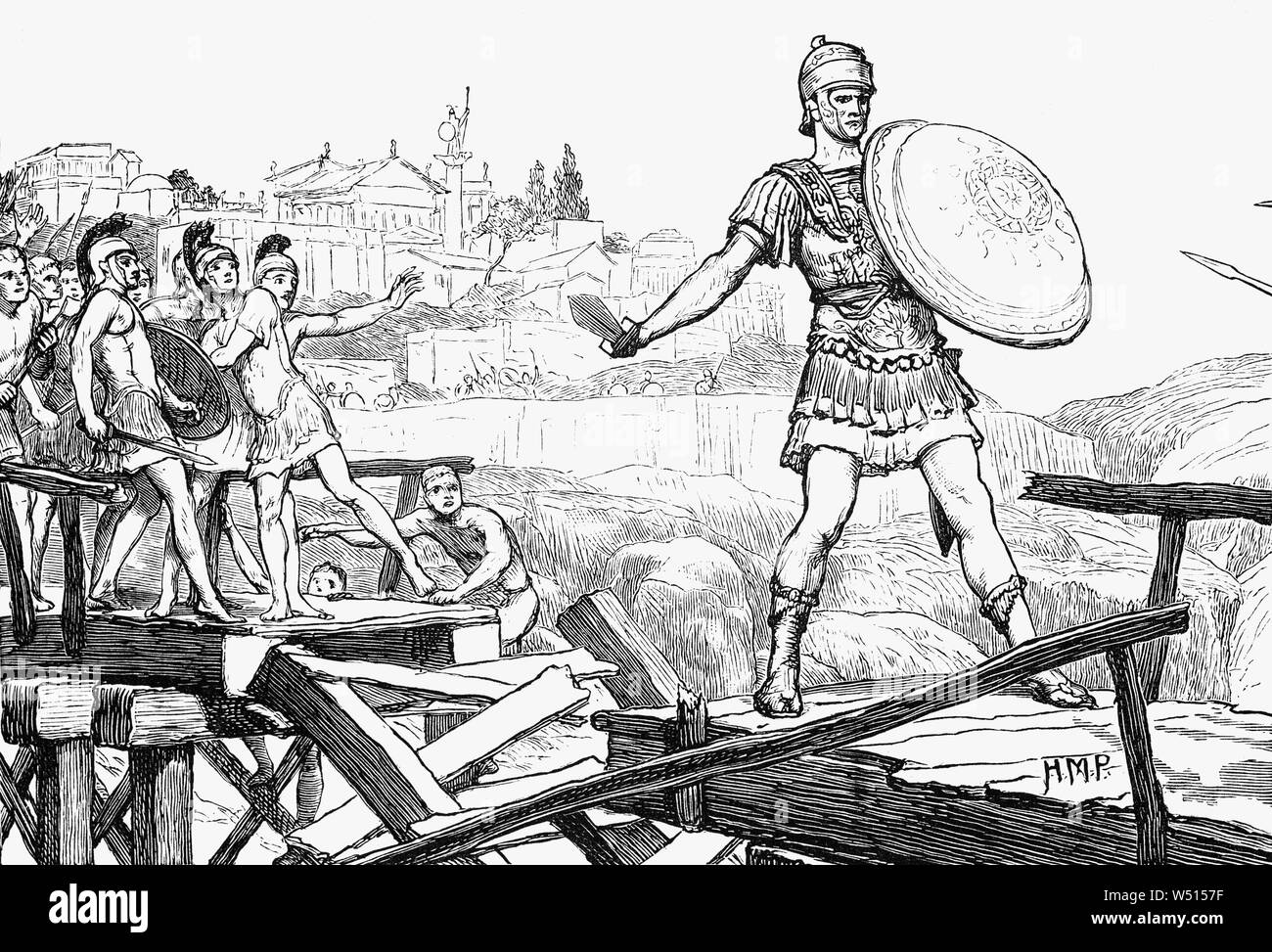 Publius Horatius Cocles was an officer in the army of the early Roman Republic who famously defended the Pons Sublicius, from the invading army of Etruscan King Lars Porsena of Clusium in the late 6th century BC, during the war between Rome and Clusium. By defending the narrow end of the bridge, the earliest known bridge of ancient Rome, spanning the Tiber River, he—along with two others—was able to hold off the attacking army long enough to allow other Romans to destroy the bridge behind him, blocking the Etruscans' advance and saving the city. Stock Photo