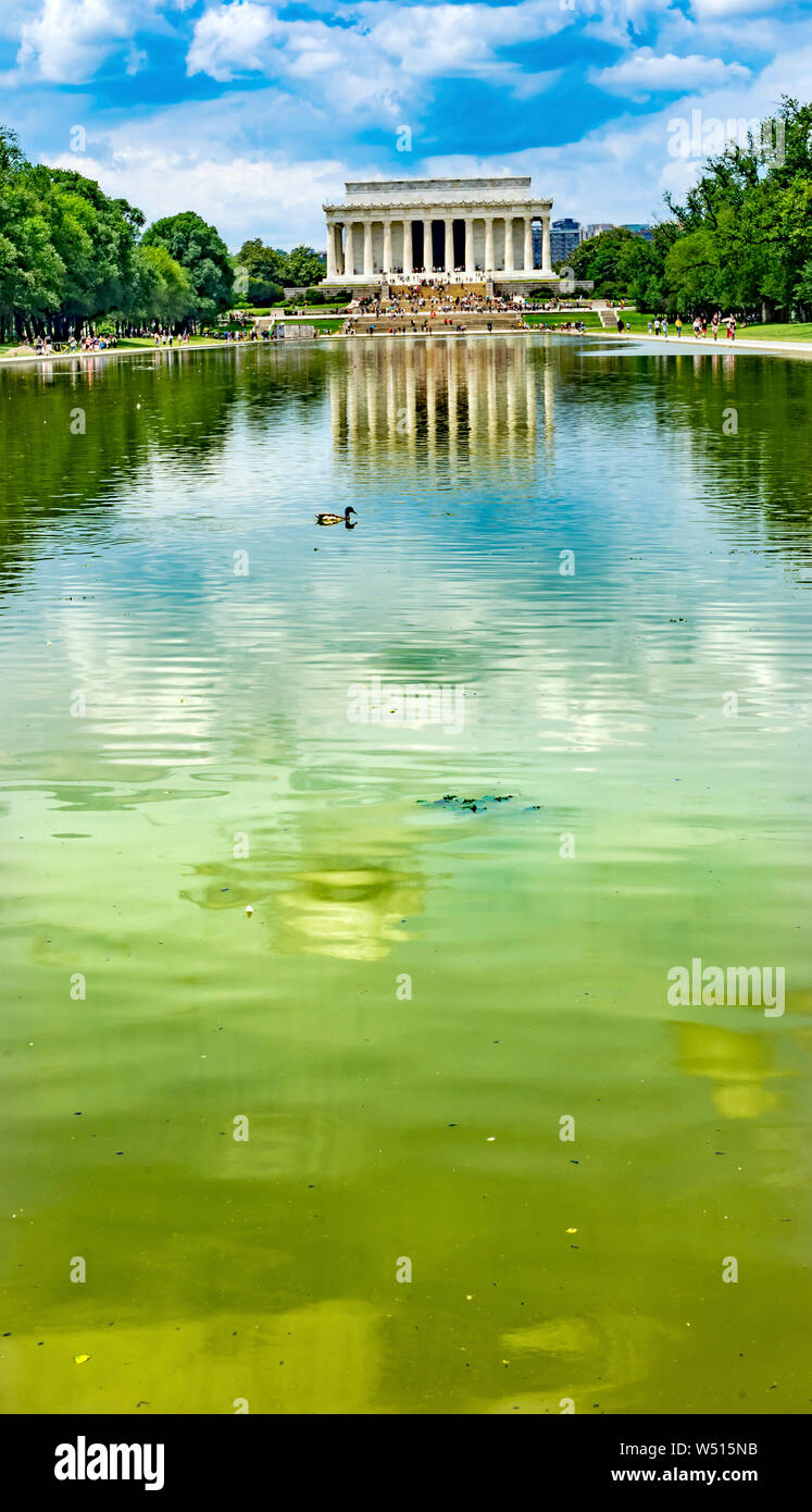 Reflecting Pool Reflection Abraham Lincoln Statue Memorial Columns Monument Washington DC. Dedicated 1922, statue by Daniel French Stock Photo