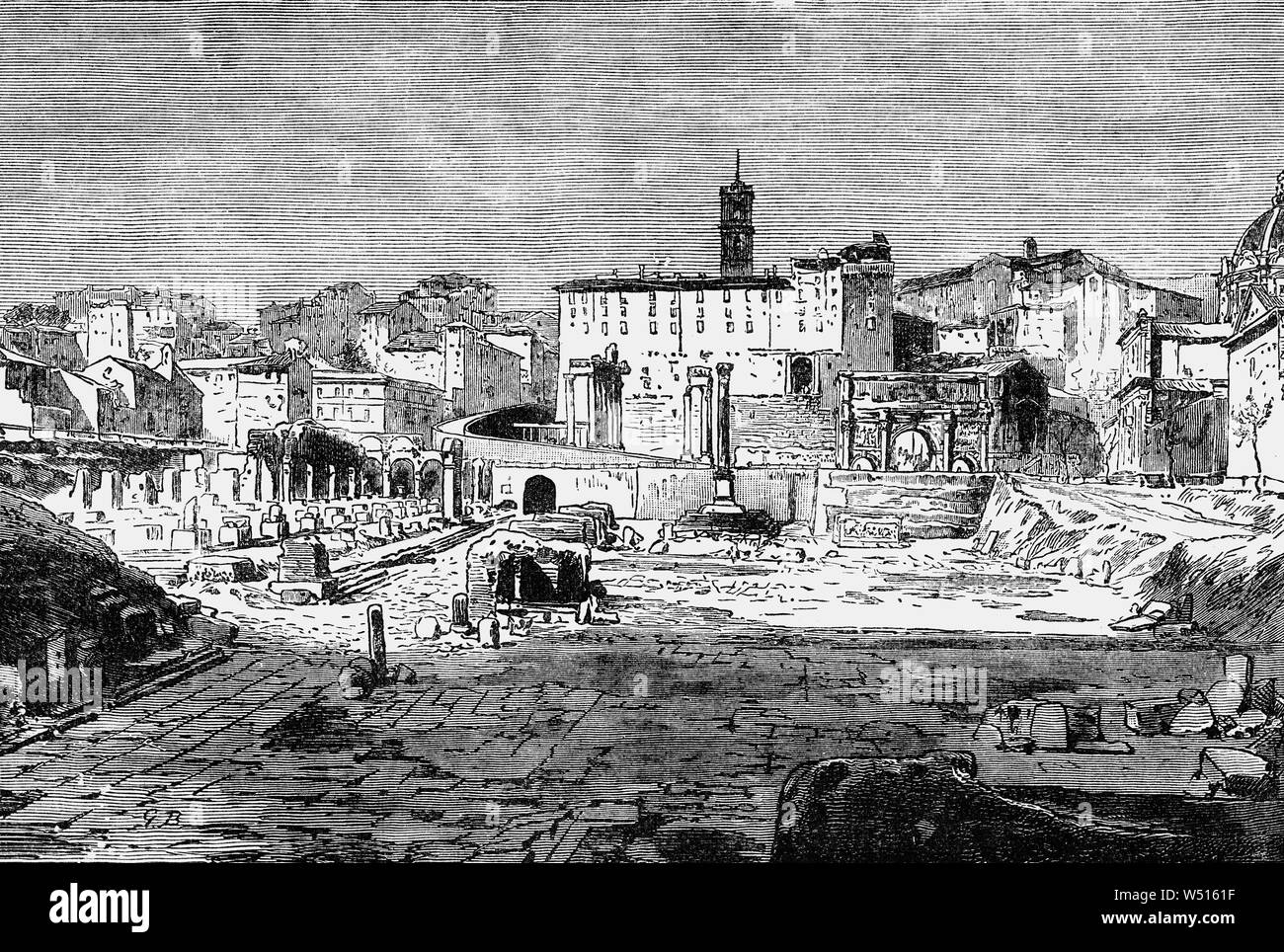 A 19th Century view of the ruins of the Roman Forum, also known by its Latin name Forum Romanum, a rectangular forum (plaza) surrounded by the ruins of several important ancient government buildings at the center of the city of Rome. Citizens of the ancient city referred to this space, originally a marketplace, as the Forum Magnum, or simply the Forum. For centuries it was the center of day-to-day life in Rome: the site of triumphal processions and elections; the venue for speeches, trials, and the nucleus of commercial affairs, where statues and monuments commemorated the city's great men. Stock Photo