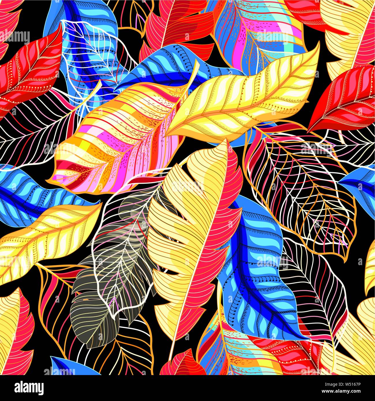 Seamless bright autumn vector pattern with colorful beautiful leaves ...