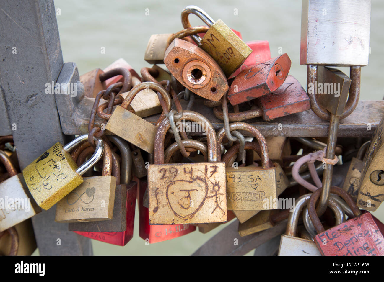 Romantic Padlocks on Eiserner Steg Bridge, Frankfurt; Germany Stock