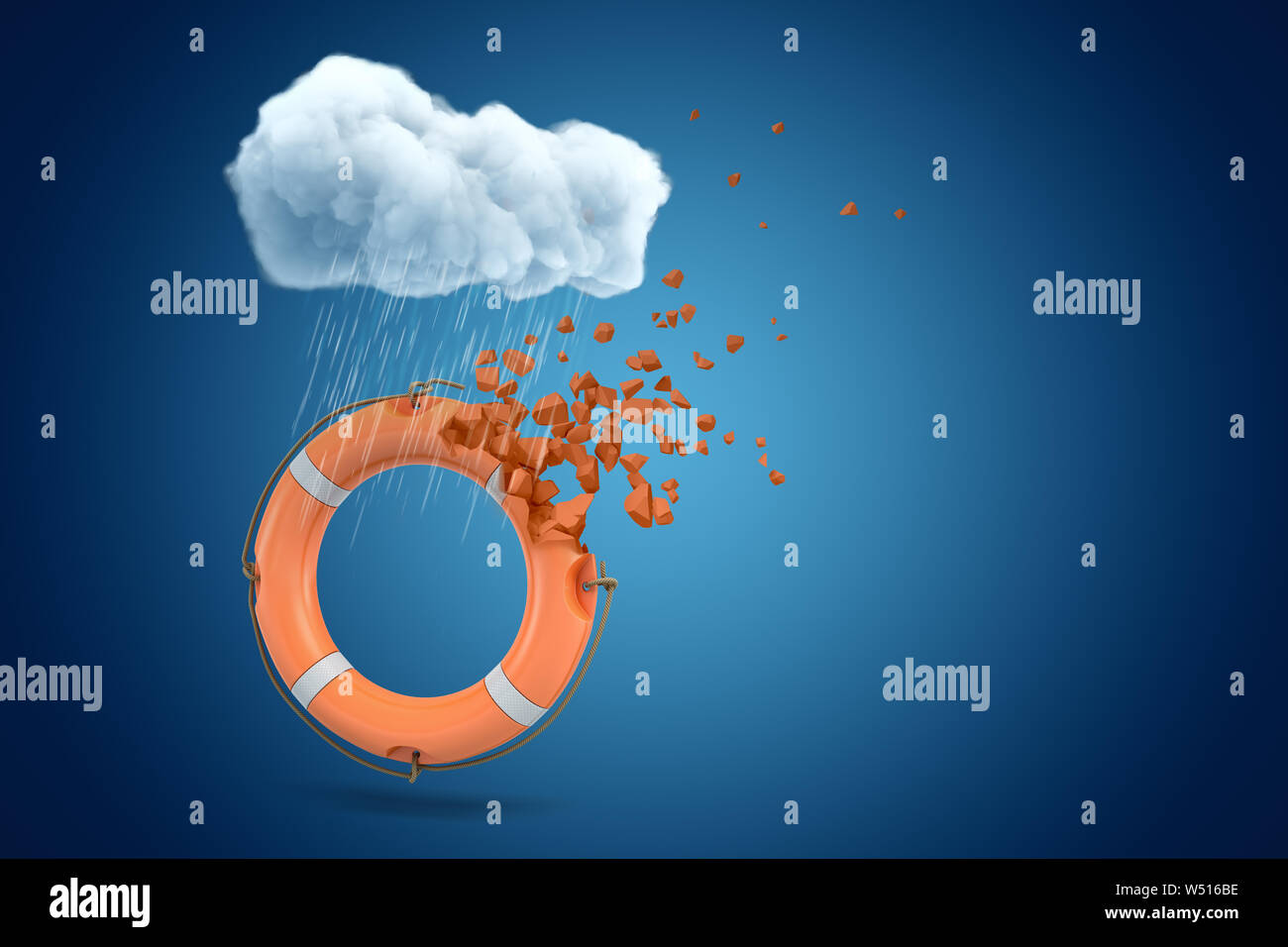 3d rendering of orange lifebuoy ring shattering into pieces under white cloud on blue background Stock Photo