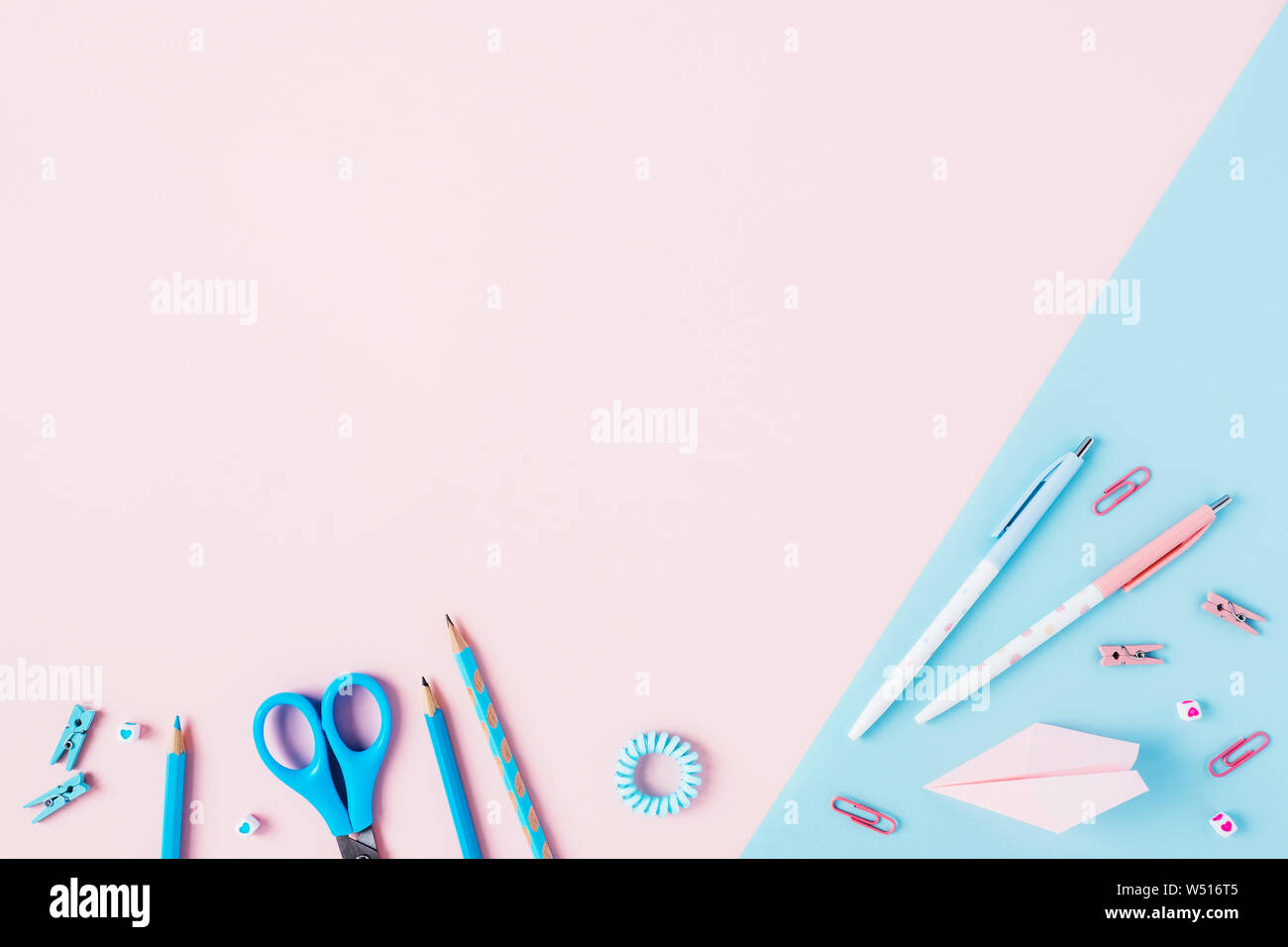 Blue Pink School Desk With Pencils Scissors Paper Clips Top